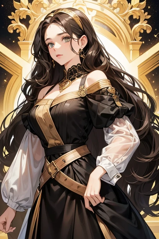 She has shoulder length brown wavy hair, and some hair falls over her forehead and parts into two ways. She wears a black hairband and gold earrings. Her signature outfit is a black dress with a white collar, with a gold brooch just below her neckline, and a silver belt. SPARKLE; GLITTER