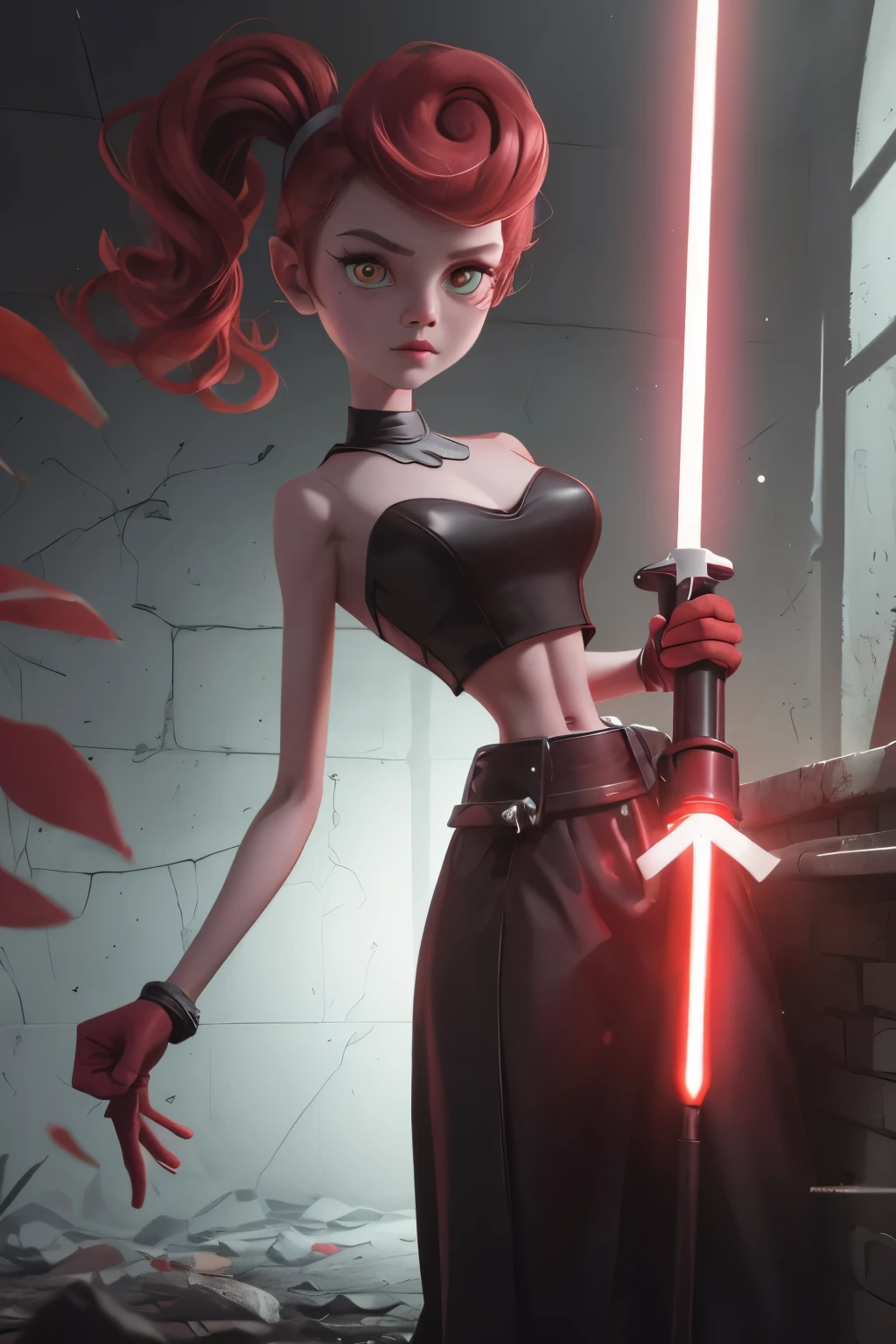 , 8k, ultra detailed, soft lighting, pmmkr2024, cartoon, best quality, trending on artstation,nice art,perfect art,nice detailed art,nice detailed body,nice detailed face,best quality, 8k, best quality, ultra-detailed,fantasy art , 8K, HD, 13 years old girl,darth,sith,evil,gloomy,red eyes,1lightsaber red,creepycute,pale skin,slender,kid