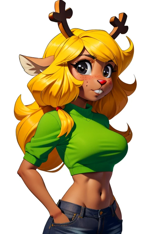 (noelle, noelle, furry female anthro, deer girl, black eyes, big breasts, midriff)