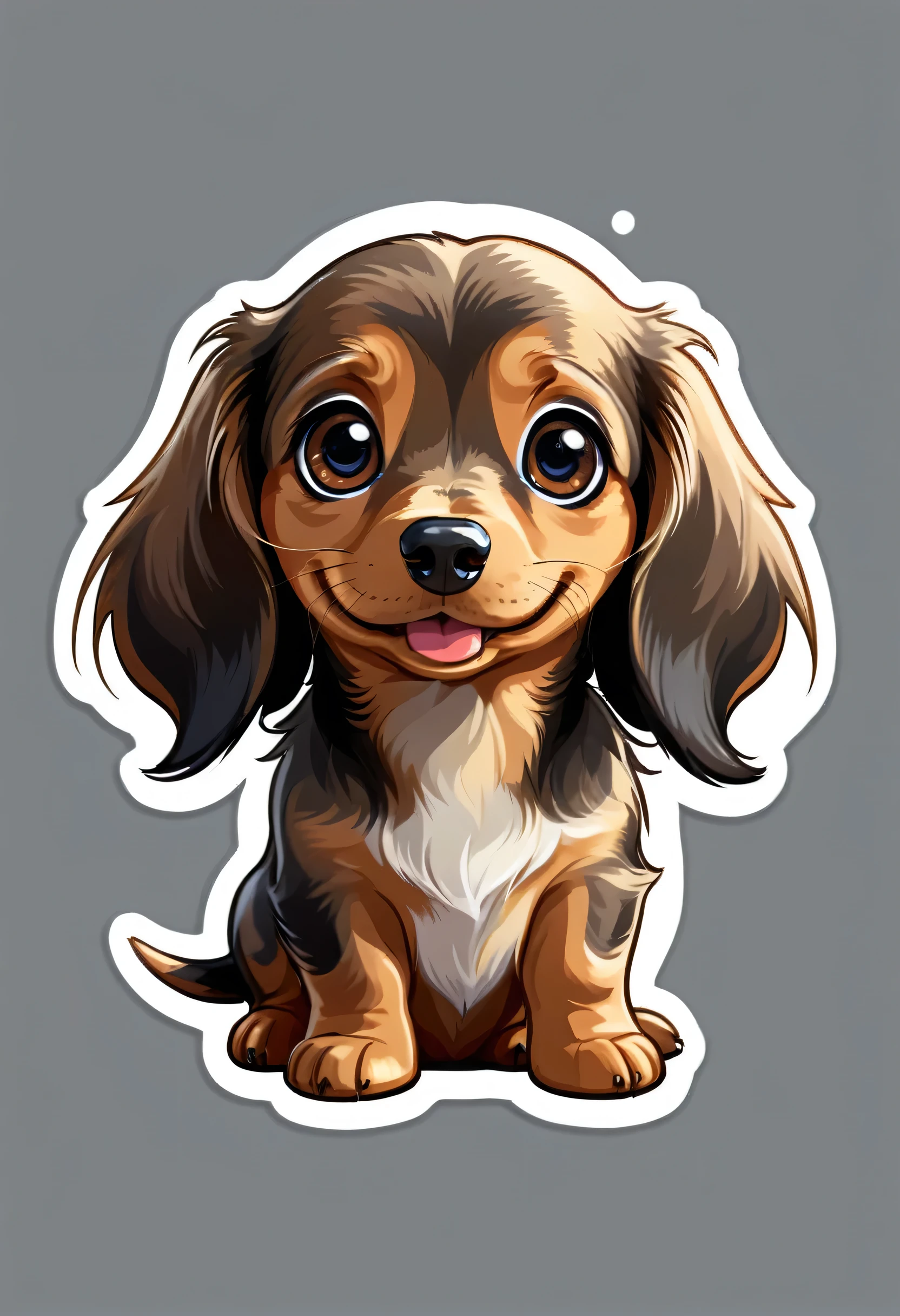 1 sticker, puppy, Long Hair Dachshund, Round eyes, Cute eyes, Cute gestures, Cute expression, Simple Background