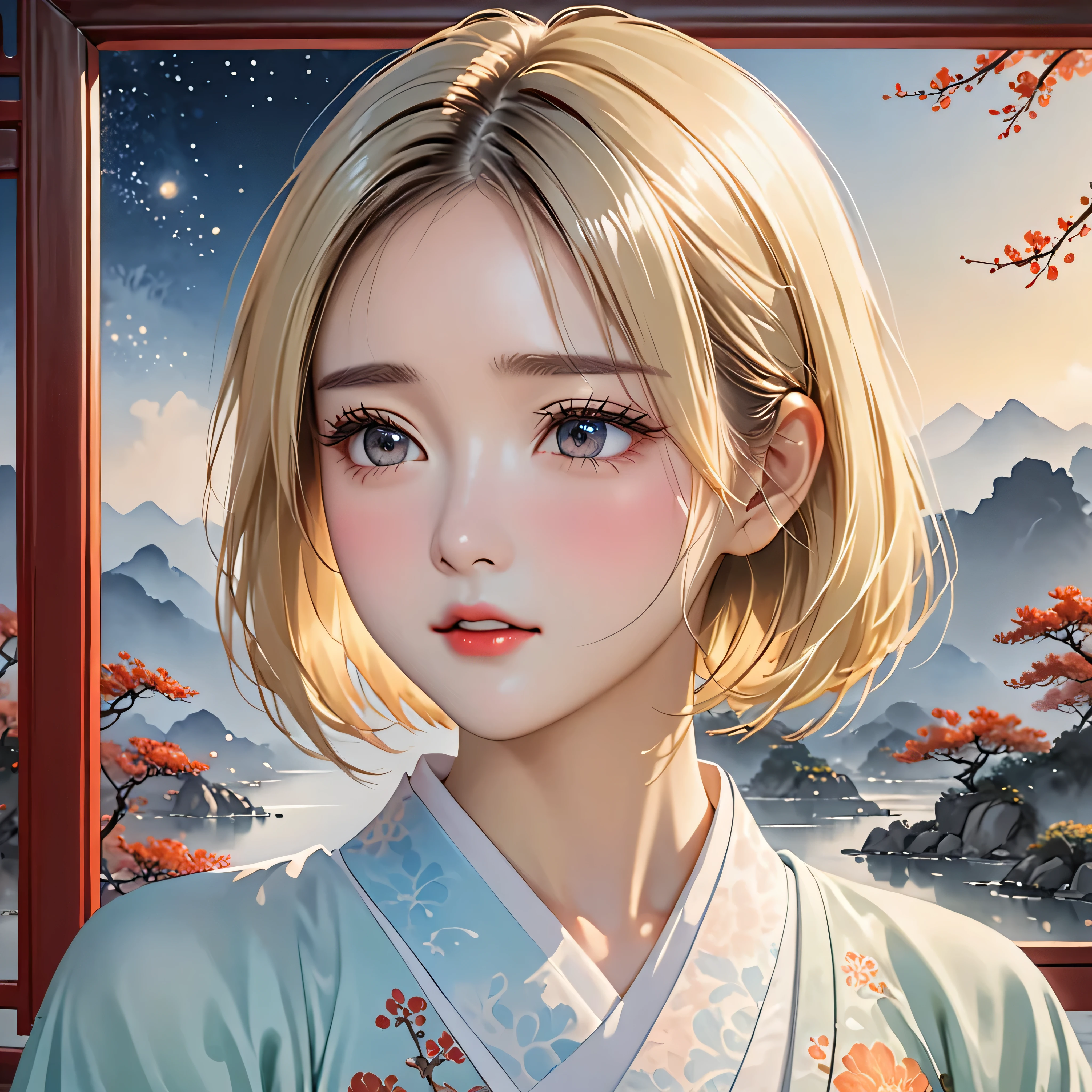 National Science Foundation,masterpiece,High resolution,8K,Art,digit,Chinese painting style,Three-dimensional,Realism,looking into camera,Soft Light,Glowing skin,(1 female: 1.5),(alone: 1.4),(((blonde))),((Hanfu)),Long eyelashes,Slender legs,Short Bob,Close-up of upper body,Close-up,close view,Chinese landscape,(Picture frame),(Eyes as deep as the starry sky),(open mouth),(blush),(shy),(lovely and delicate),(Pitiful),(((sadness)))