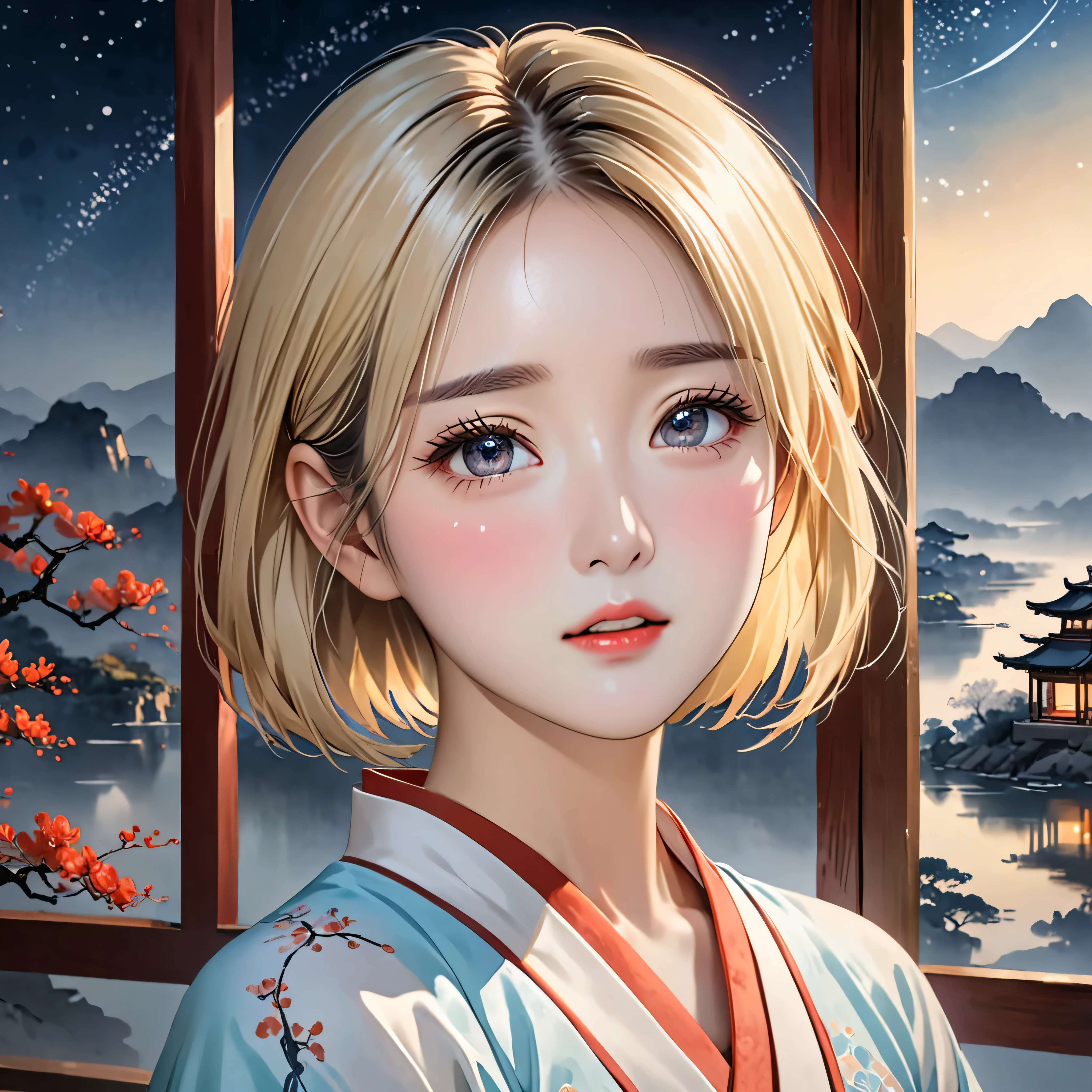 National Science Foundation,masterpiece,High resolution,8K,Art,digit,Chinese painting style,Three-dimensional,Realism,looking into camera,Soft Light,Glowing skin,(1 female: 1.5),(alone: 1.4),(((blonde))),((Hanfu)),Long eyelashes,Slender legs,Short Bob,Close-up of upper body,Close-up,close view,Chinese landscape,(Picture frame),(Eyes as deep as the starry sky),(open mouth),(blush),(shy),(lovely and delicate),(Pitiful),(((sadness)))