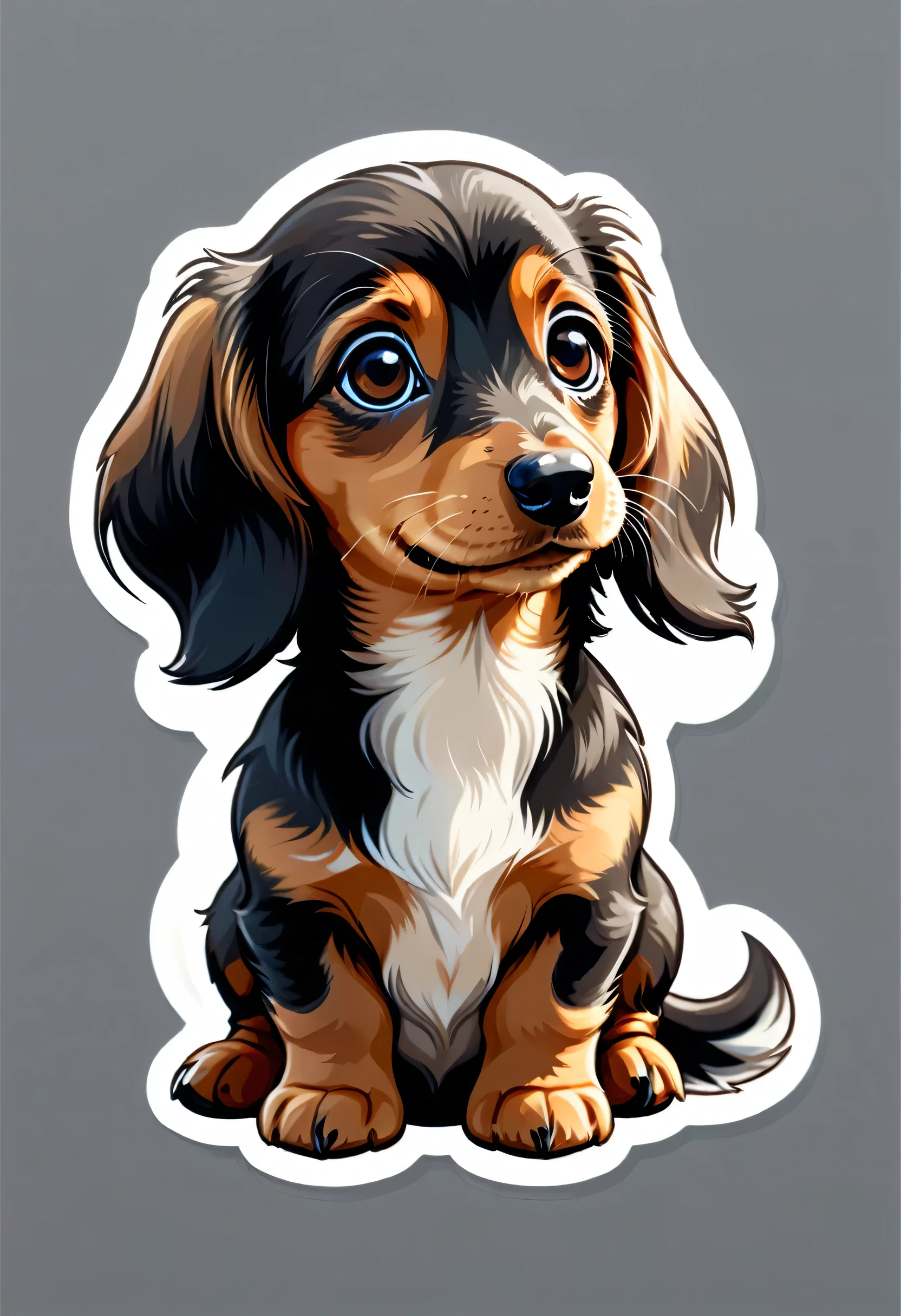 1 sticker, puppy, Long Hair Dachshund, Round eyes, Cute eyes, Cute gestures, Cute expression, Simple Background