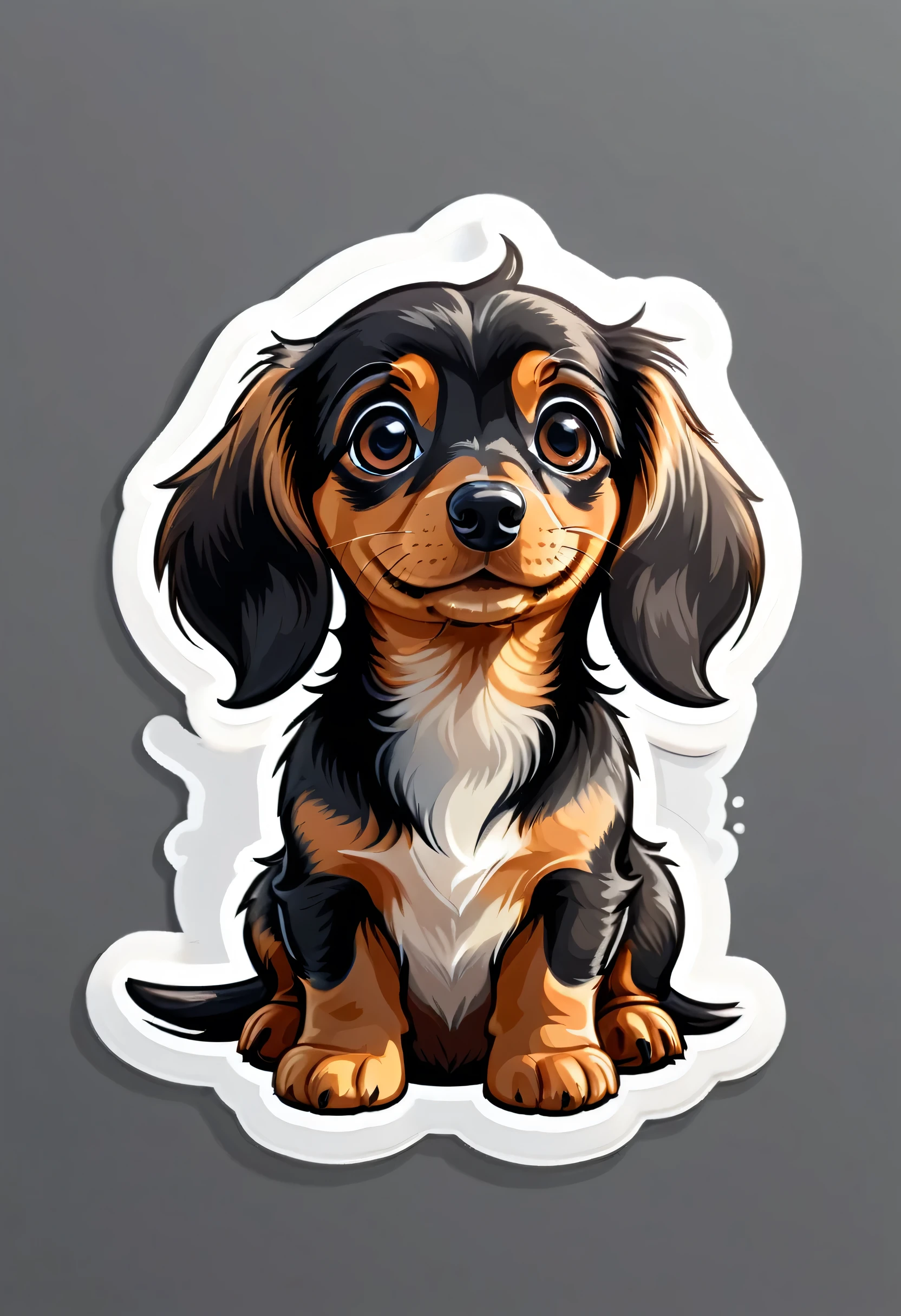 1 sticker, puppy, Long Hair Dachshund, Round eyes, Cute eyes, Cute gestures, Cute expression, Simple Background