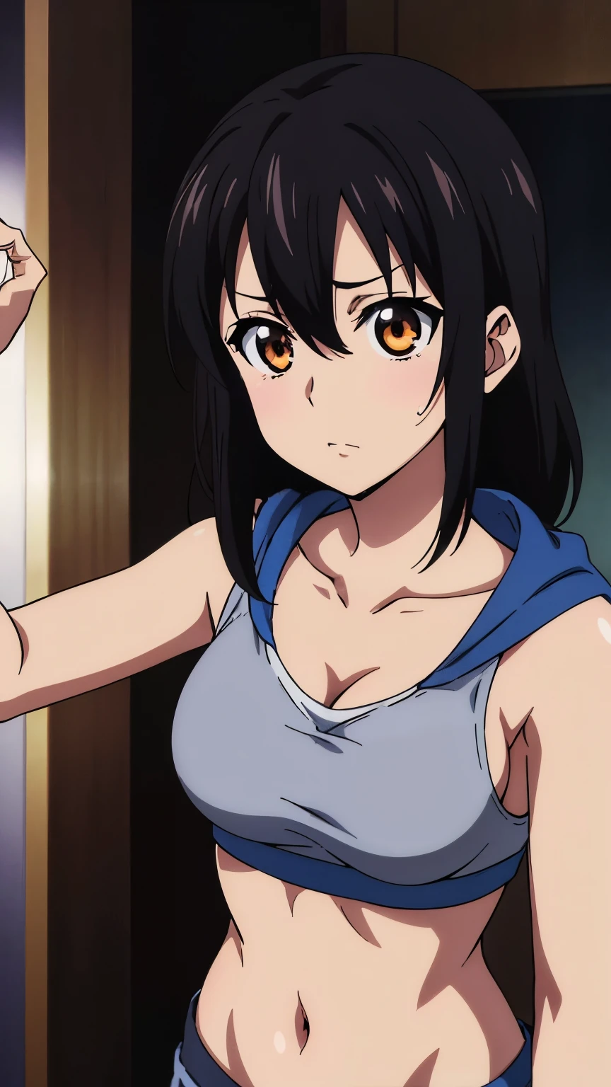(highest quality, 8k, High resolution, masterpiece:1.2), Anime art style, Hyper Detail, himeragi yukina, Brown eye, Black Hair, Hair between the eyes, Medium Hair, 1 girl, Perfect Face, eye_Light_big,Small medium breast, Soft impression, alone, (Open the hoodie, hoodie, Sports Bra,belly button, Shorts), Cowboy Shot,Observe the audience,