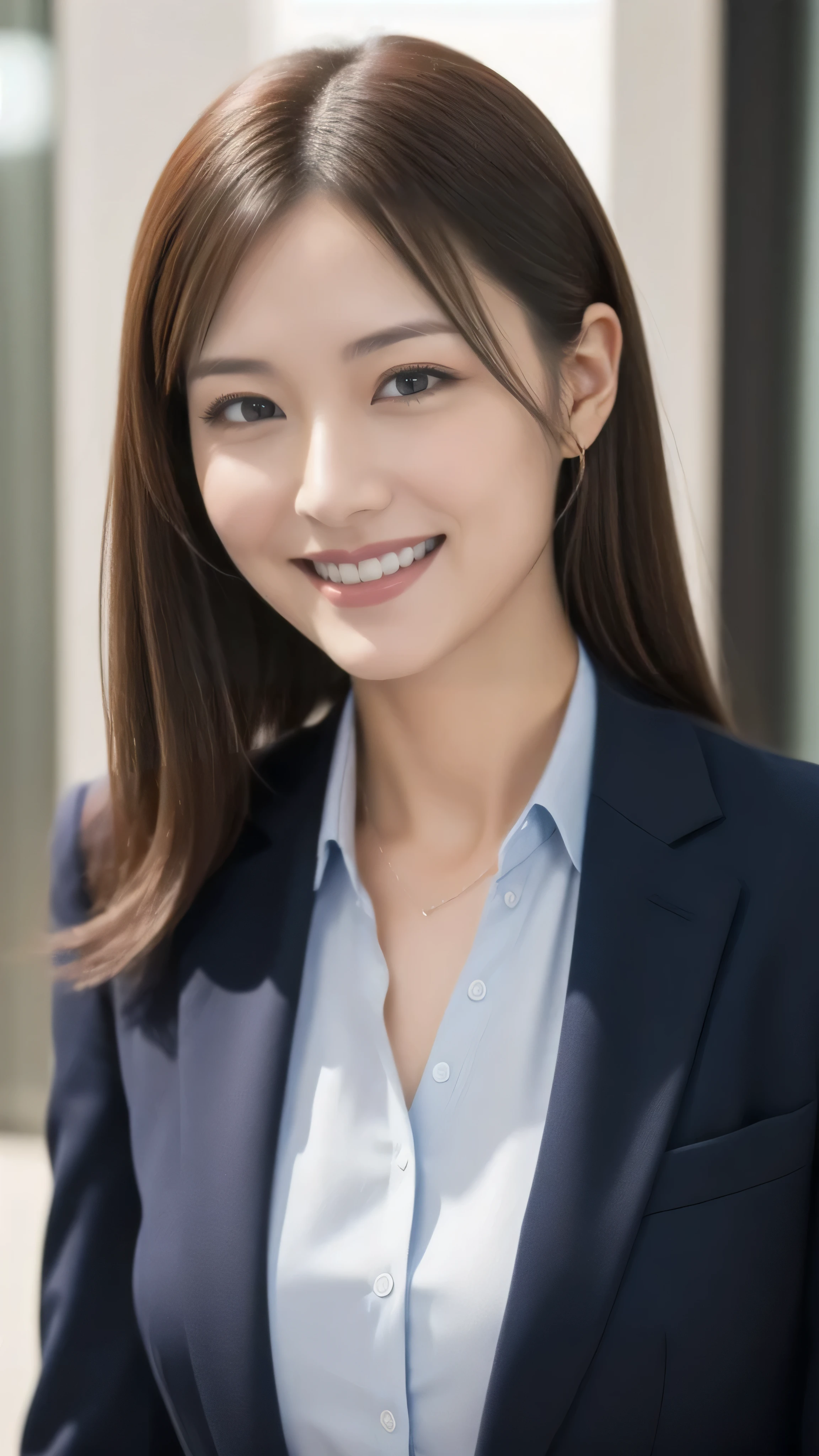 Married Woman's Face、30 years old、Middle-aged women、Business jacket、skirt、High quality、Ultra-realistic、A cheerful smile、Married woman's body type、Japanese Wife、 Perfect Eyes、Radiant Skin、Station ticket gates