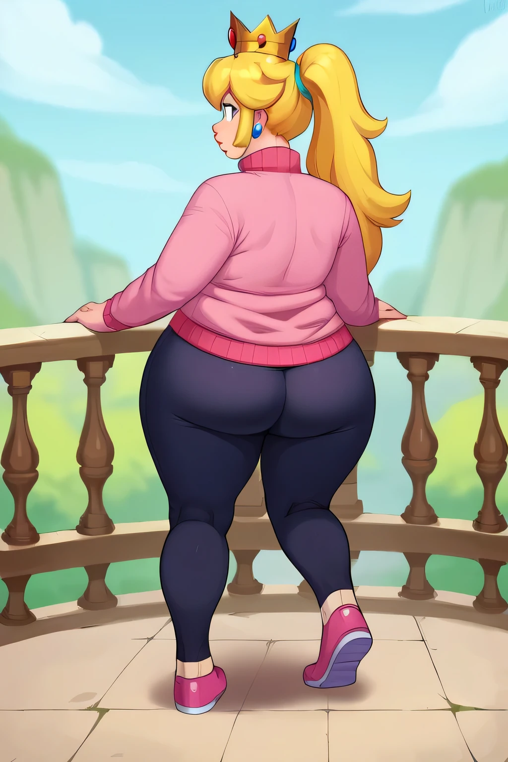 score_9, score_8_up, score_7_up, BREAK, 1girl, solo, princess peach, full body, pink sweater, black leggings, pink shoes, ((Chubby body)), ((wide hips)), Castle ledge, ((chubby butt)), backside, looking away