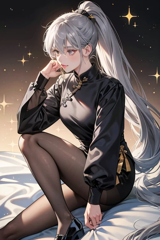 Grey/Gray Hair like a Chinese like Ponytail, then wears a Charcoal Dress with the White Collar and Gold Button to the Collar. She wear Black Pantyhose, and Gray Mary Jane Shoes. SPARKLE; GLITTER