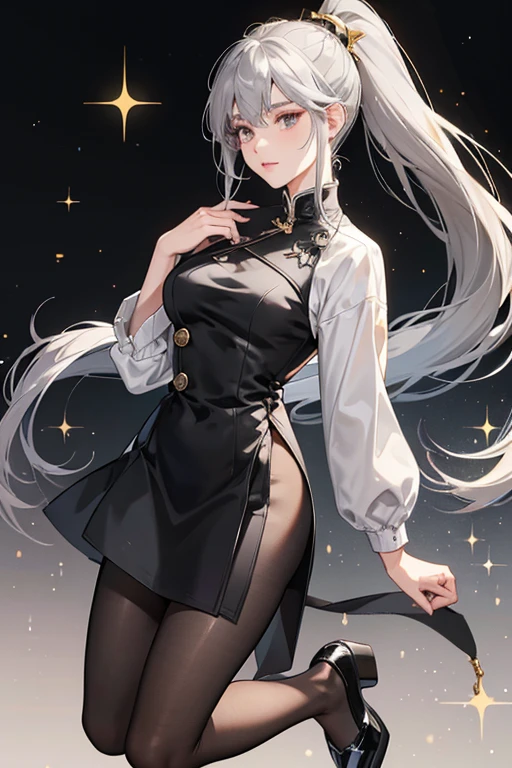 Grey/Gray Hair like a Chinese like Ponytail, then wears a Charcoal Dress with the White Collar and Gold Button to the Collar. She wear Black Pantyhose, and Gray Mary Jane Shoes. SPARKLE; GLITTER