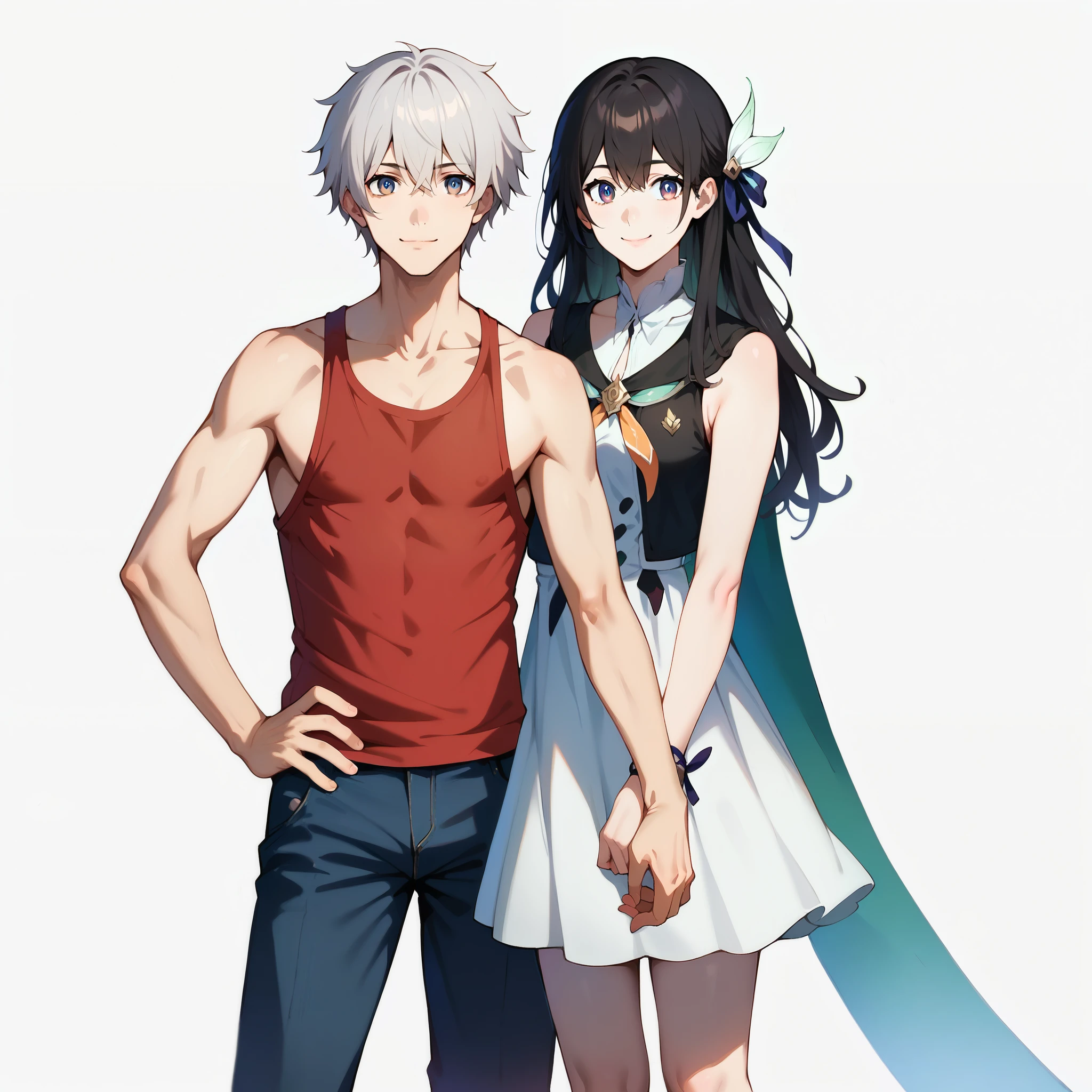 score_9, score_8_up, score_7_up, white background, simple background, (anime art of best quality),((realistic:1.3)), (detailed skin:1.3),
(1girl, focus), fireflydef, dress, grey hair, Tall,
1boy, Kirito haor, black hair, looking at viewer, smile, boy&girl, both, singlet, Handsome, ager's face , anime art of best quality), (detailed skin:1.3),