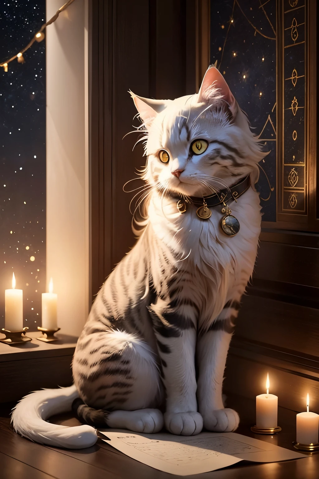 A fluffy cat with a curious expression sits in front of an ancient astrology chart, paw gently touching the intricate design. Its fur, soft and inviting, contrasts sharply with the aged parchment and mysterious symbols that cover the chart. The room is illuminated by the warm glow of candles, casting flickering shadows on the walls. The astrology symbols seem to come alive as the cat stares intently at them, its piercing gaze focused on the stars and constellations that dance across the Celestial realm. The soothing sound of a trickling fountain in the background adds to the tranquil ambiance, creating an atmosphere of enchantment and wonder.