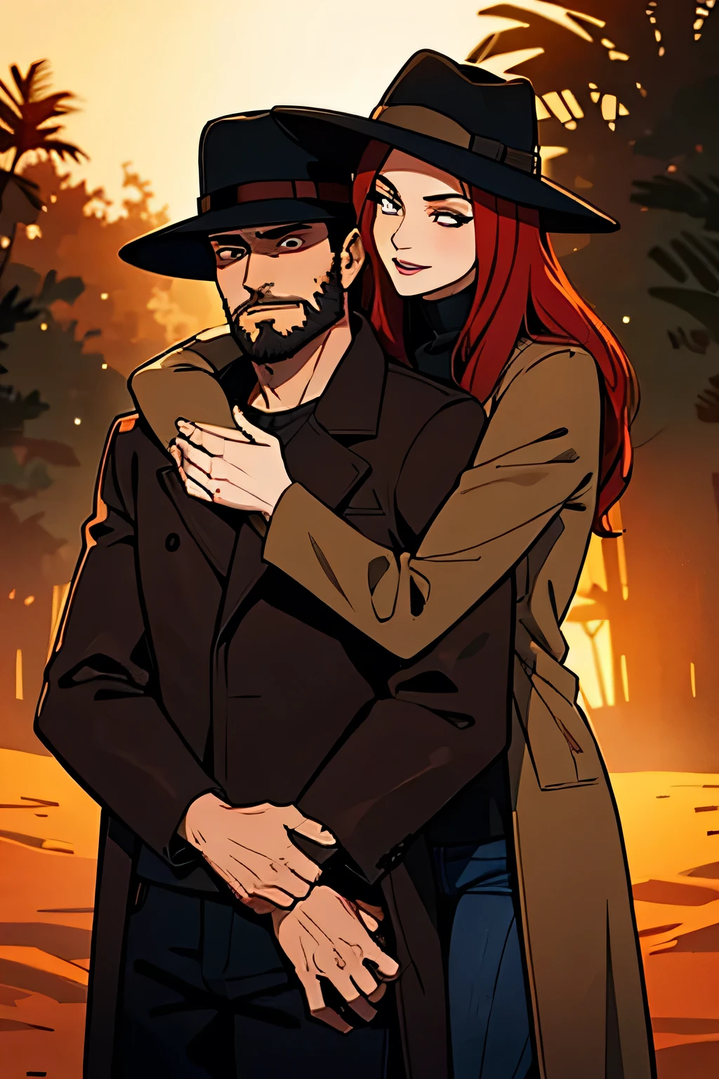 Young man with short black hair and beard stubble, the man is wearing a black trenchcoat and a black fedora hat, the man is hugging a redhead woman with really long red hair, the redhead woman is wearing a beige jacket and jeans pants, kauai hawaii forest jungle, magic hour lighting, sunset
