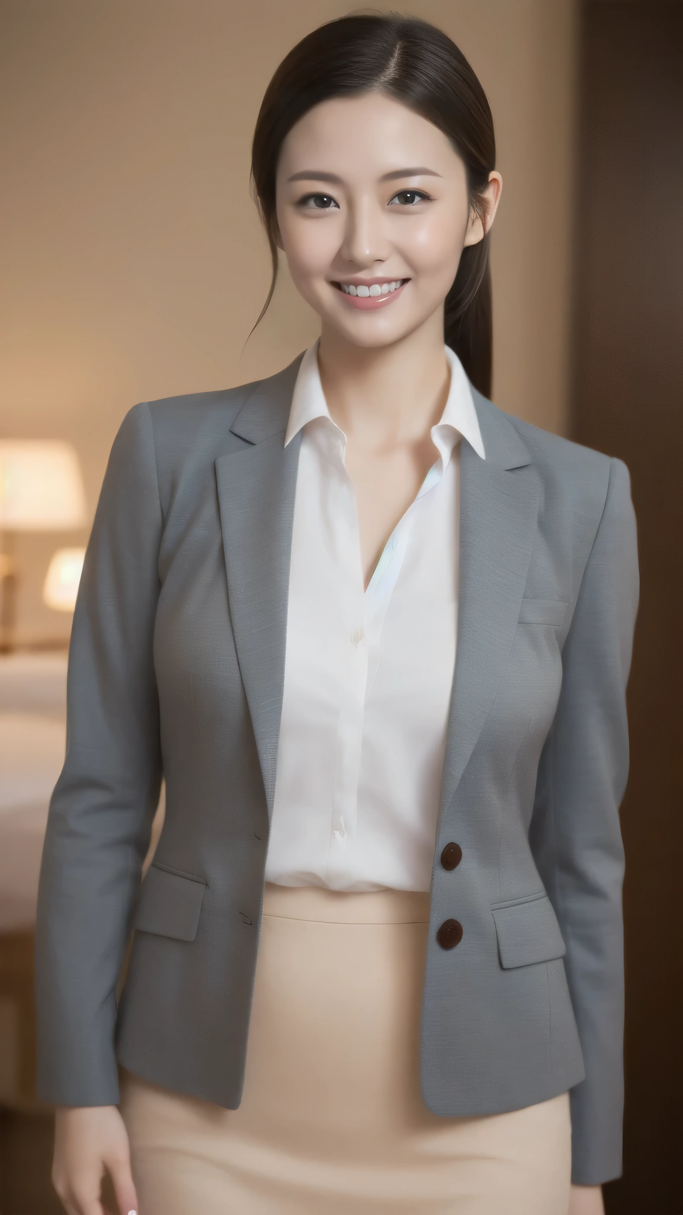 Married Woman's Face、30 years old、Middle-aged women、Business jacket、skirt、Beautiful legs、High quality、Ultra-realistic、A cheerful smile、Married woman&#39;s body type、Japanese Wife、 Perfect Eyes、Radiant Skin、skyscraper