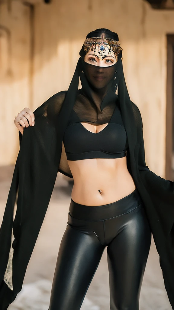 （lifelike， high - resolution：1.3），full body , 1 girl with a perfect body， Super fine face and eyes，slong hair， midriff of black colors：1.2， black shiny leggings，face veil,   big boob，Expose cleavage, belly dance pose.