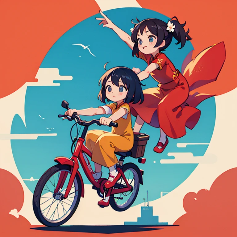 Girls riding bicycles in Chinese dresses