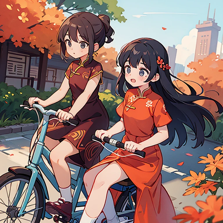 Girls riding bicycles in Chinese dresses