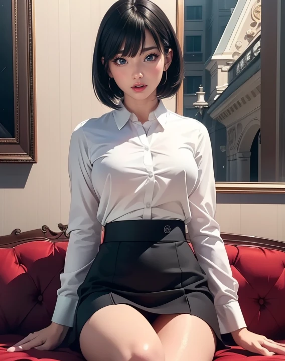 (In a hotel room),(Sitting on the sofa with her legs open)(Crotch area exposed)(Black hair straight)(Short Bob Hair),(Movie-like scene,Best image quality,(8k), Ultra-realistic, 最high quality, high quality, High resolution, high qualityな質感, Attention to detail, beautiful, detailed, Extremely detailed CG, detailedなテクスチャ, Realistic facial expressions, masterpiece, in front, dynamic, bold)(Office Uniform)(Mini tight skirt)