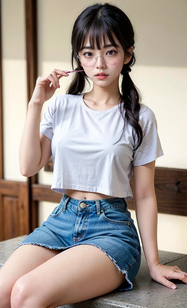 1girl, 18 years old busty woman, view from below, eye glasses, black twintail hair, bangs, light pink blush, sitting on a big rock, dark forest, white t-shirt, crop top t-shirt, cleavage, big , small waist, denim mini skirt, thicc_thighs
thighs, legs, perfect fingers, legs apart,