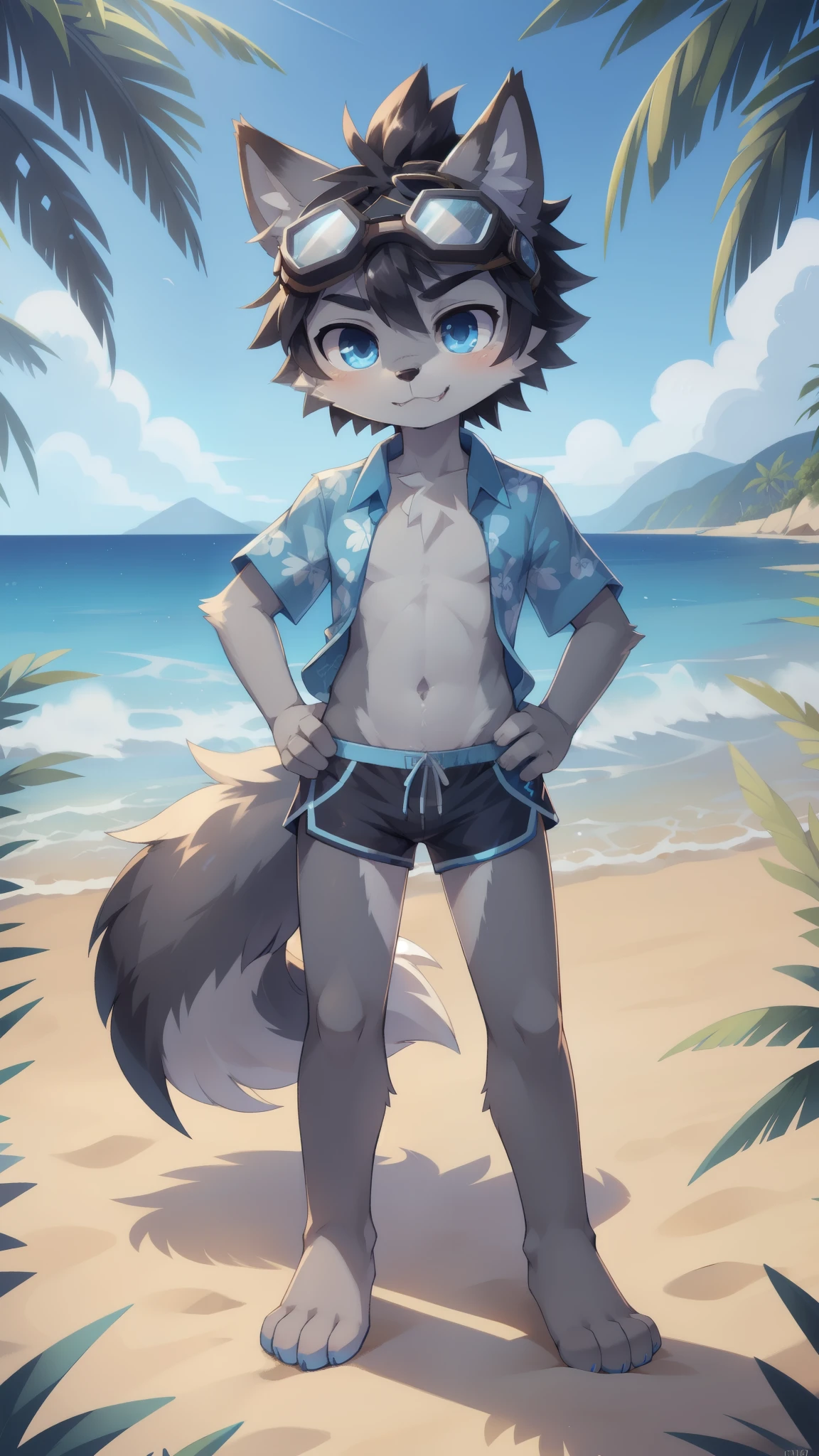 Furry shota, Young, wolf, black hair, long spiky ponytail, blue eyes, detailed body fur, ((blue hawaiian shirt, open clothes, black swim trunks, goggles)), masterpiece, looking at you, fangs, clear grey body fur, detailed face, big eyebrows, detailed eyes, detailed body, detailed body fur, detailed hands, flat body, glistering body, shiny body, skinny, beach, clear sky, :3, perfect lighting, perfect shadows, perfect eyes, perfect hair, perfect face, gorgeous body, hands on hips, full body, feets with three toes, 3 toes, solo,
