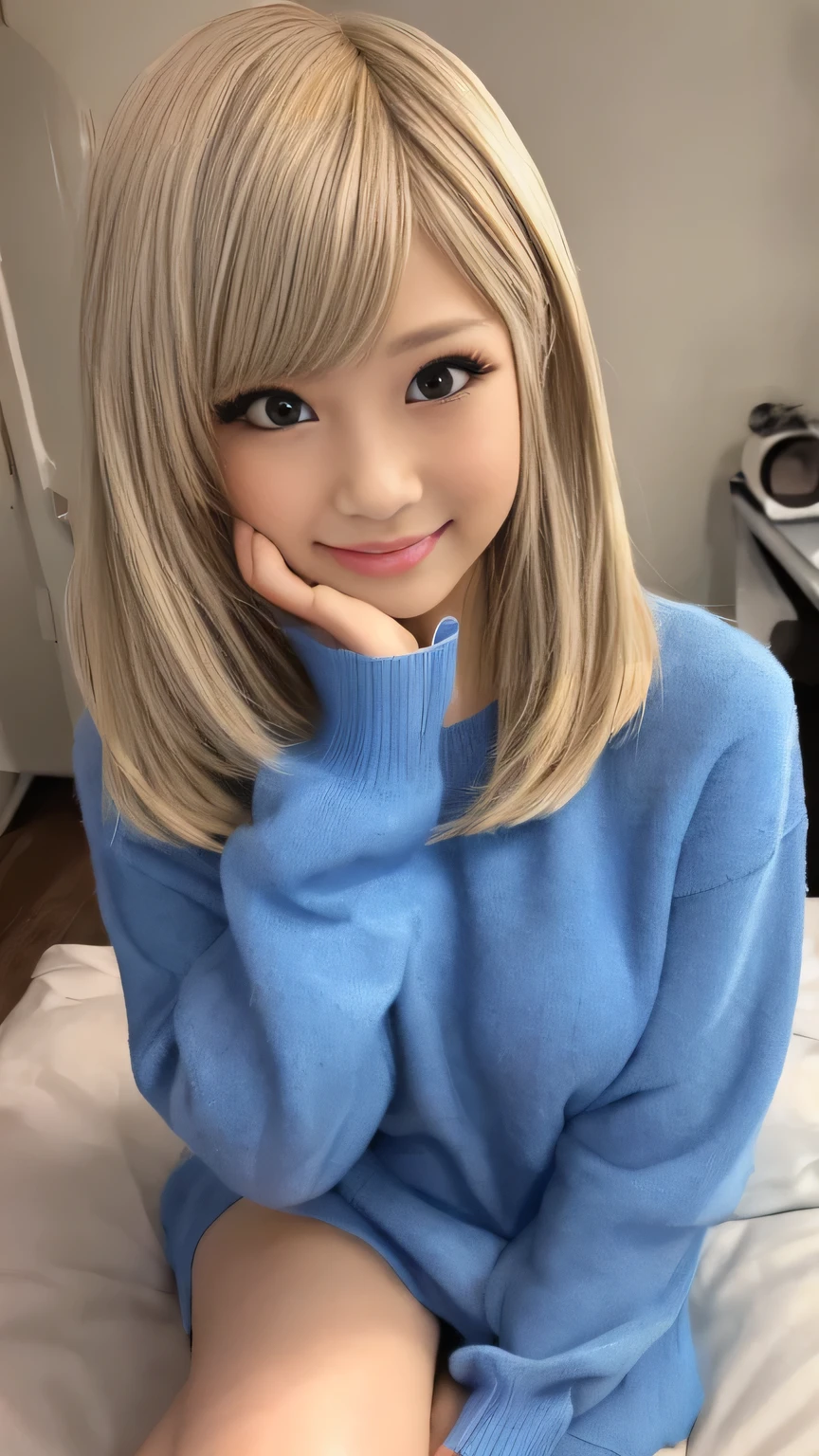 Browsing Caution、throw、Photorealistic perfect body、super high quality、Ultra HD、Japanese、15 years old、(lolita girl:1.5)、、(Short sweater dress:1.3)、(、(Accentuate your thighs:1.5)、、(smile:1.2)、blonde、(Bumpy Hair/Bouffant/big Bouffant:1.2)、、(Gal-style dense shadow eyeliner:1.2)、(Long False Eyelashes:1.1)、Gal-style makeup、 、、、 Cowboy Shot、Looking at the camera、bed