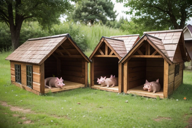The three little pigs moved out of their home，We found three different places to build houses.