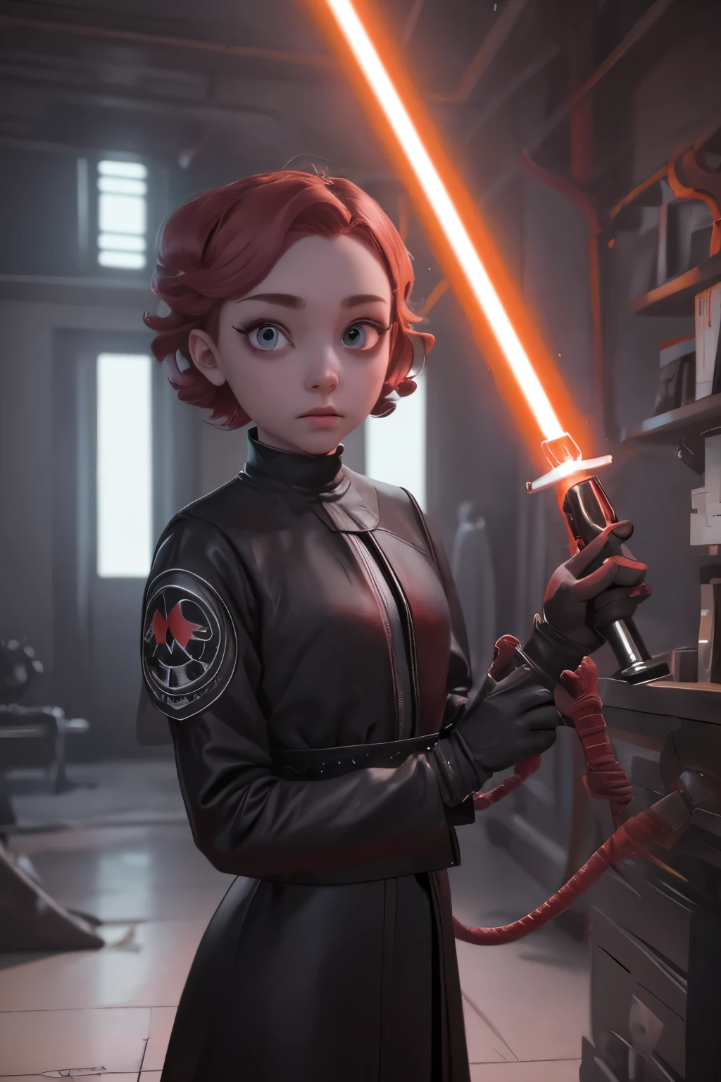 , 8k, ultra detailed, soft lighting, pmmkr2024, cartoon, best quality, trending on artstation,nice art,perfect art,nice detailed art,nice detailed body,nice detailed face,best quality, 8k, best quality, ultra-detailed,fantasy art , 8K, HD, 13 years old girl,darth,sith,evil,gloomy,red eyes,1lightsaber red,creepycute,pale skin,slender,kid