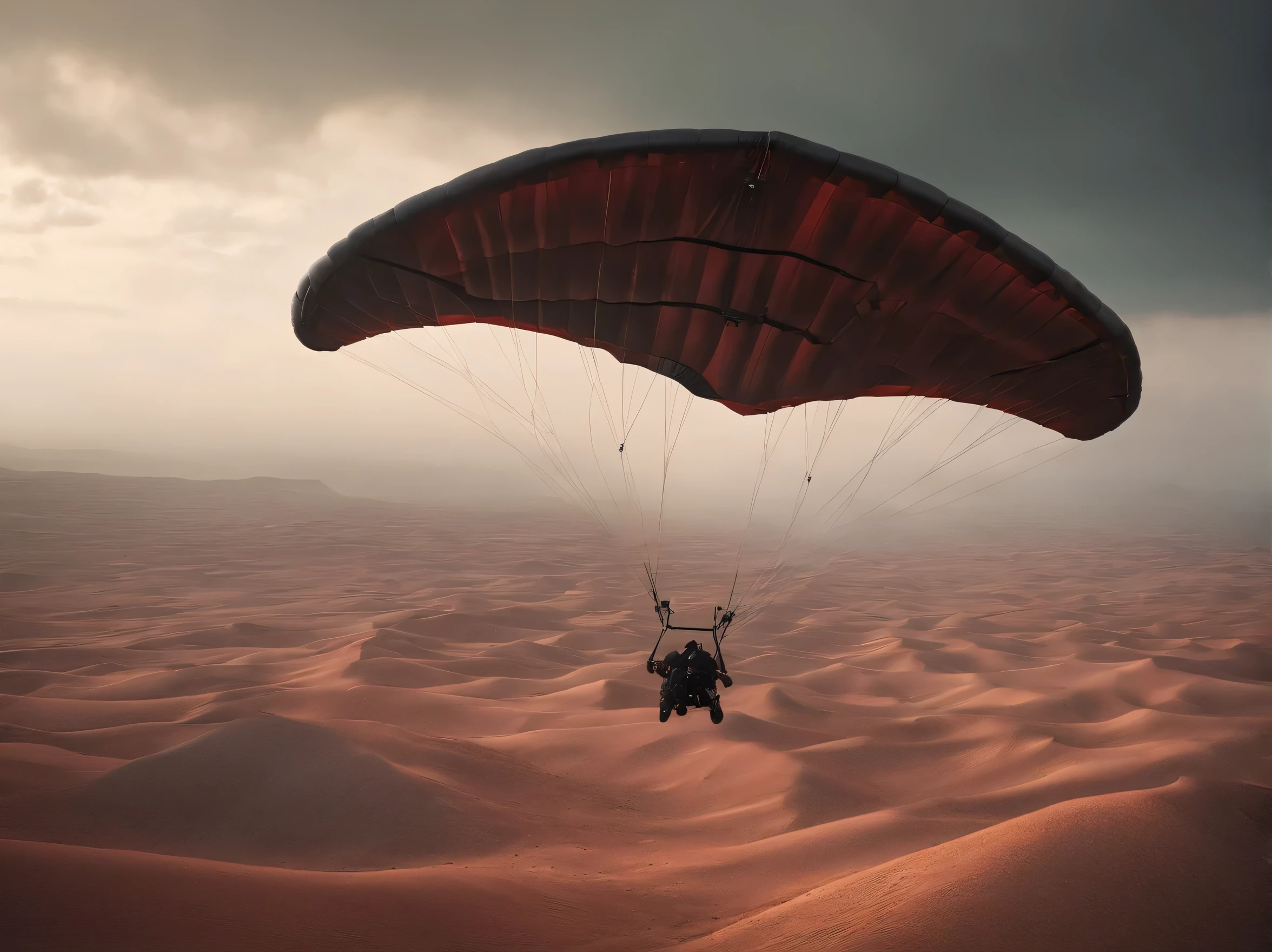 several soldiers in tight black suits flying on a red hang glider, they flight over a post apocalyptic desert, there are field of translucent green mineral crystals coming out of the earth, greenish haze, dark sky, image in dark colors, 4k , ultra detailed image, realistic, very detailed, perfect composition, splendid, intricately detailed, incredibly detailed, art photography 8k, hyper detailed, Masterpiece, ultra detailed, hyper realistic, 4k, ultra detailed image, realistic, highly detailed, perfect composition, splendid, intricately detailed, incredibly detailed, Artistic photography in 8k, hyper detailed