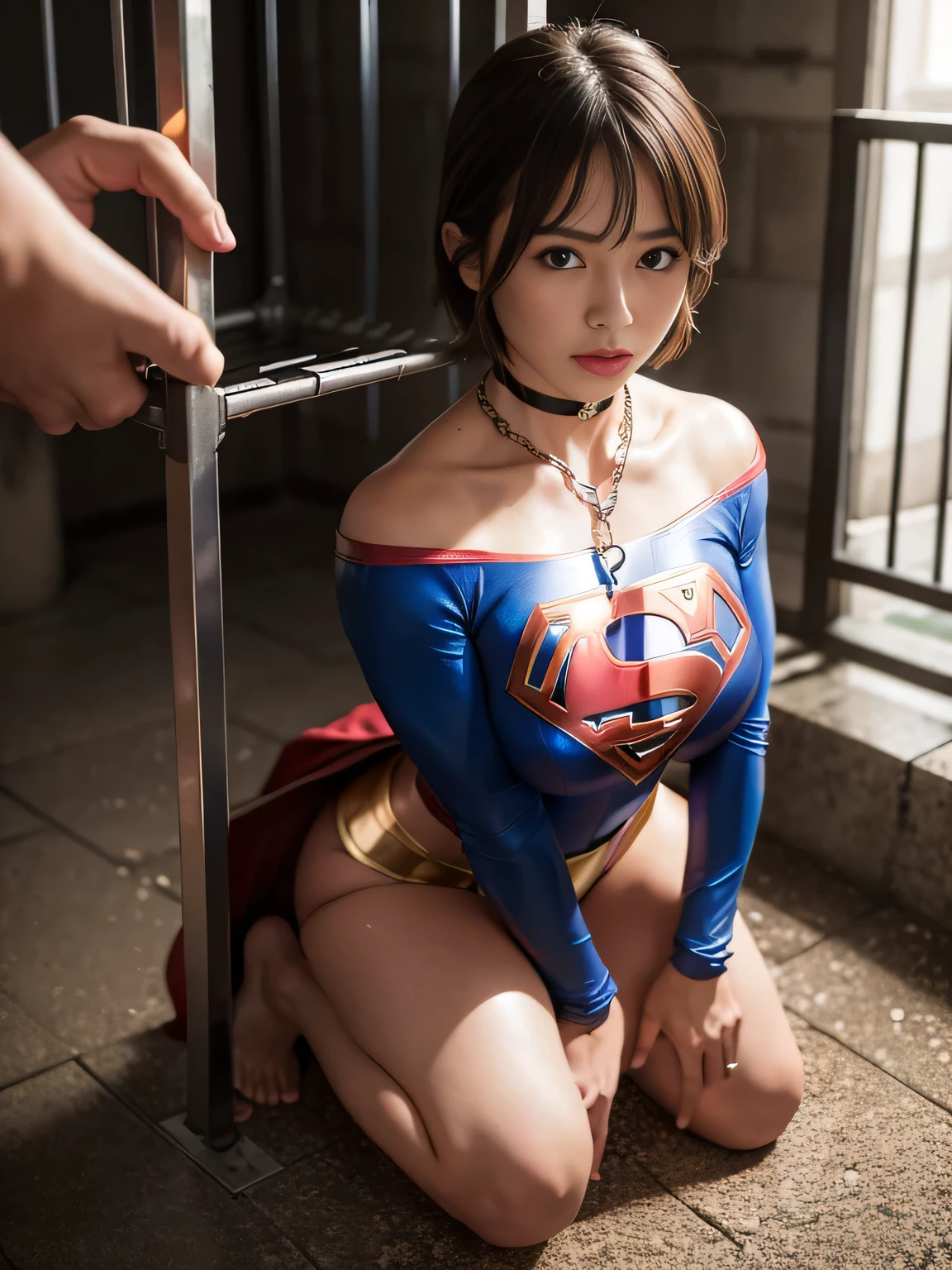 masterpiece、Supergirl Costume、short hair、barefoot、Big and ample breasts、Crisis situation、Complete surrender、Underground Prison、In a cage、Abused、Kneel、Sweaty、Shiny、looking at the camera、Rusted chains、choker、Long sleeve、Sexy poses to seduce、Poor environment、Humiliating、Off the shoulder、latex、