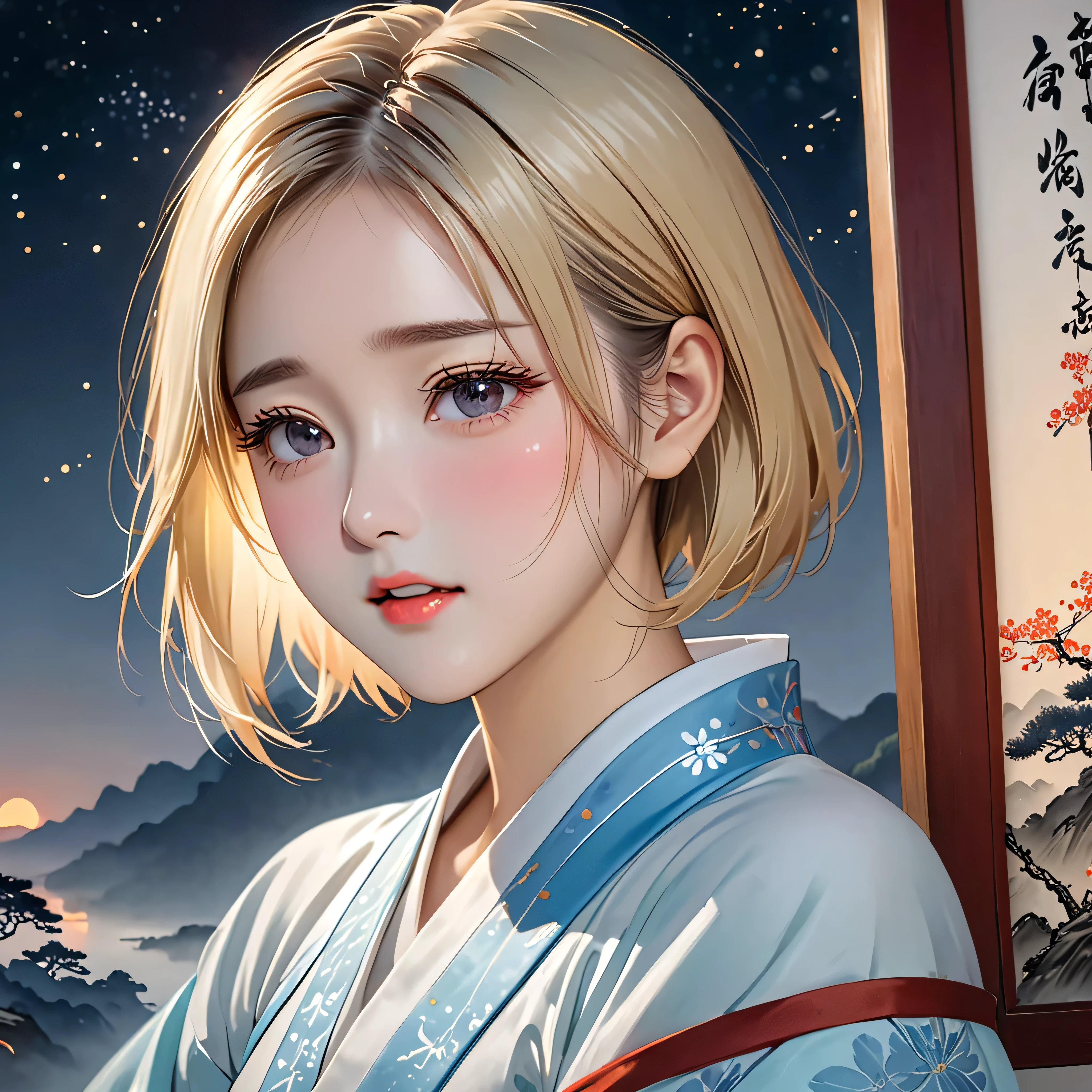 National Science Foundation,masterpiece,High resolution,8K,Art,digit,Chinese painting style,Three-dimensional,Realism,looking into camera,Soft Light,Glowing skin,(1 female: 1.5),(alone: 1.4),(((blonde))),((Hanfu)),Long eyelashes,Slender legs,Short Bob,Close-up of upper body,Close-up,close view,Chinese landscape,(Picture frame),(Eyes as deep as the starry sky),(open mouth),(blush),(shy),(lovely and delicate),(Pitiful),(((sadness)))