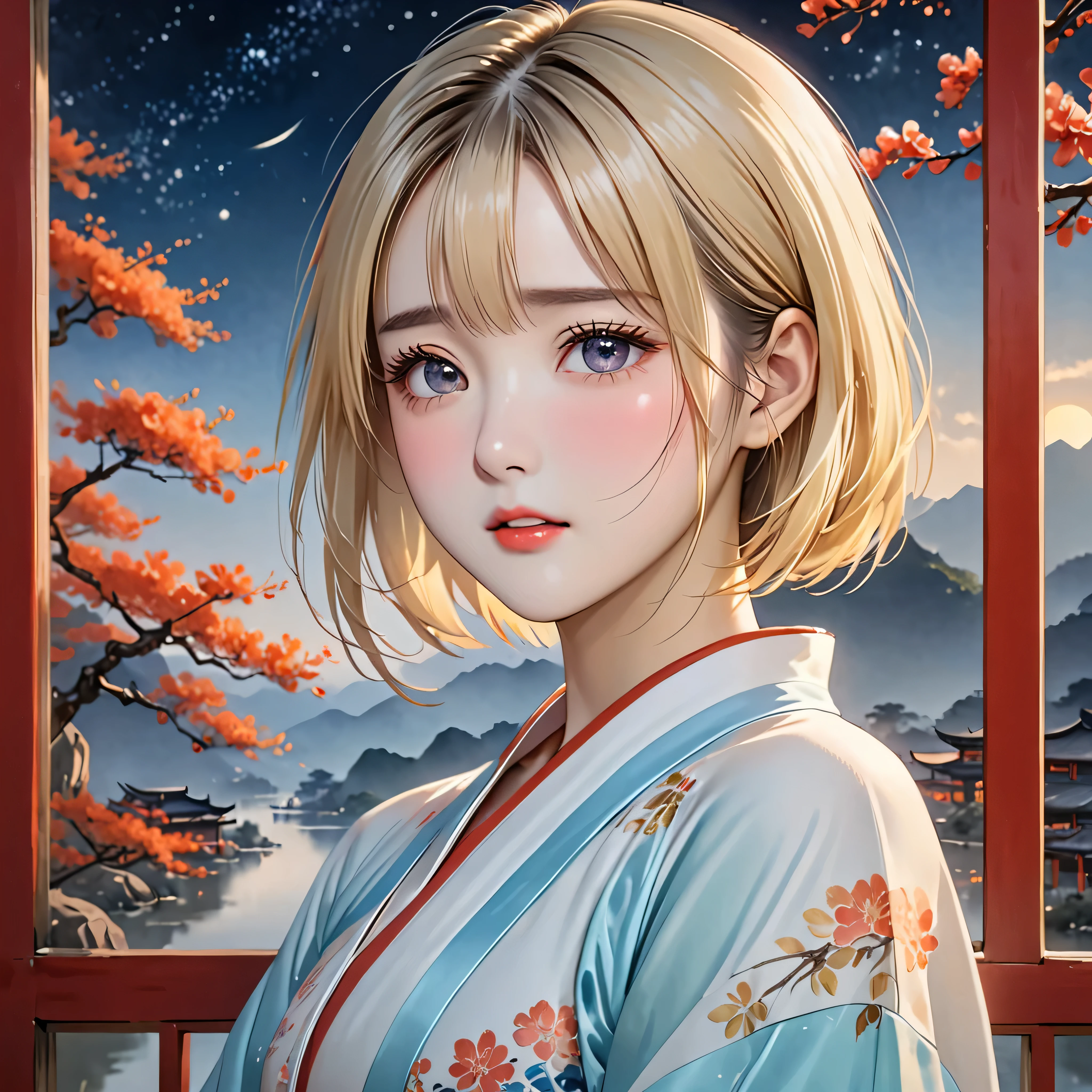 National Science Foundation,masterpiece,High resolution,8K,Art,digit,Chinese painting style,Three-dimensional,Realism,looking into camera,Soft Light,Glowing skin,(1 female: 1.5),(alone: 1.4),(((blonde))),((Hanfu)),Long eyelashes,Slender legs,Short Bob,Close-up of upper body,Close-up,close view,Chinese landscape,(Picture frame),(Eyes as deep as the starry sky),(open mouth),(blush),(shy),(lovely and delicate),(Pitiful),(((sadness)))