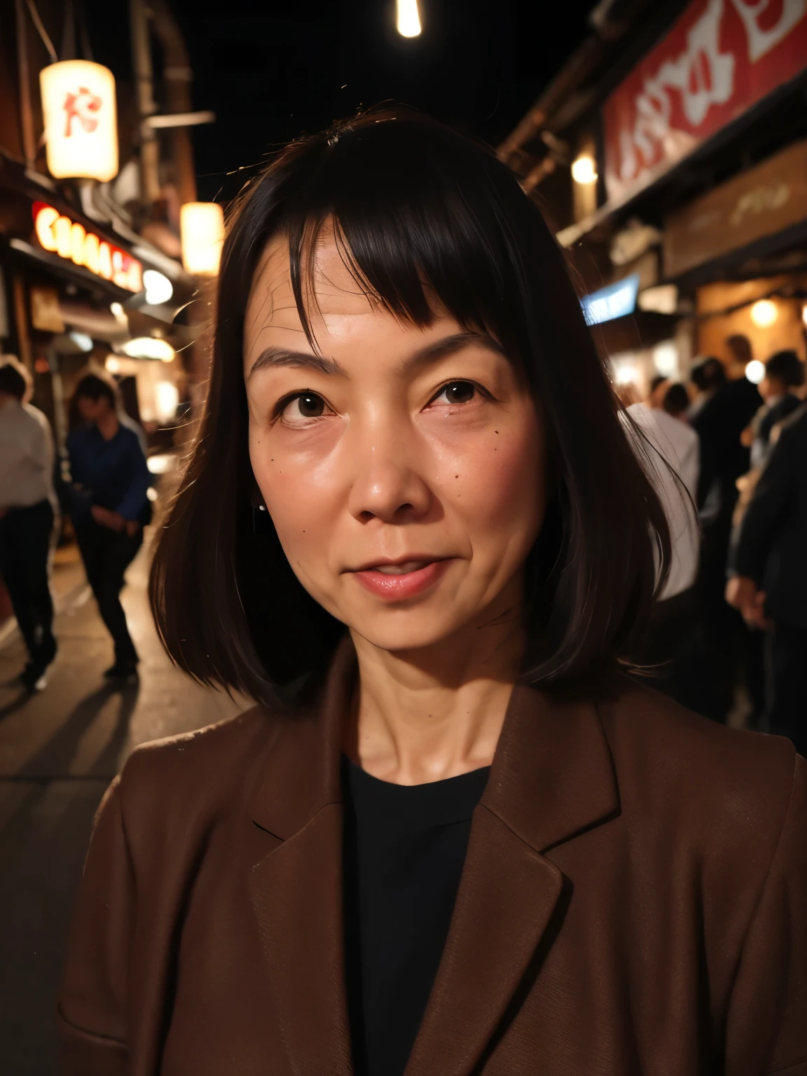 (Beautiful woman, high resolution, wallpaper 8K screen, highest quality, real, ultra-definition, exquisite and perfect dynamic composition, (Japanese mature woman walking in the alley at the end of the street), (Shinjuku Golden Gai at night: 1.4), (Precise background ), (Business suit: 1.4), (60 years old), (Realistic skin texture), (Fine wrinkles on the entire skin: 1.3), (Dull skin: 1.1), (Skin without moisture: 1.2) , (Face wrinkles: 0.9), (Wrinkles at the corners of the eyes: 1.2), Double eyelids, tear bags on the lower eyelid, Serious expression, Straight gaze, (Dimples: 1.2), Dark and beautiful eyes, Look at me Good for short bangs, natural hair movement, high heels, glamorous body, (full body portrait: 1.4),