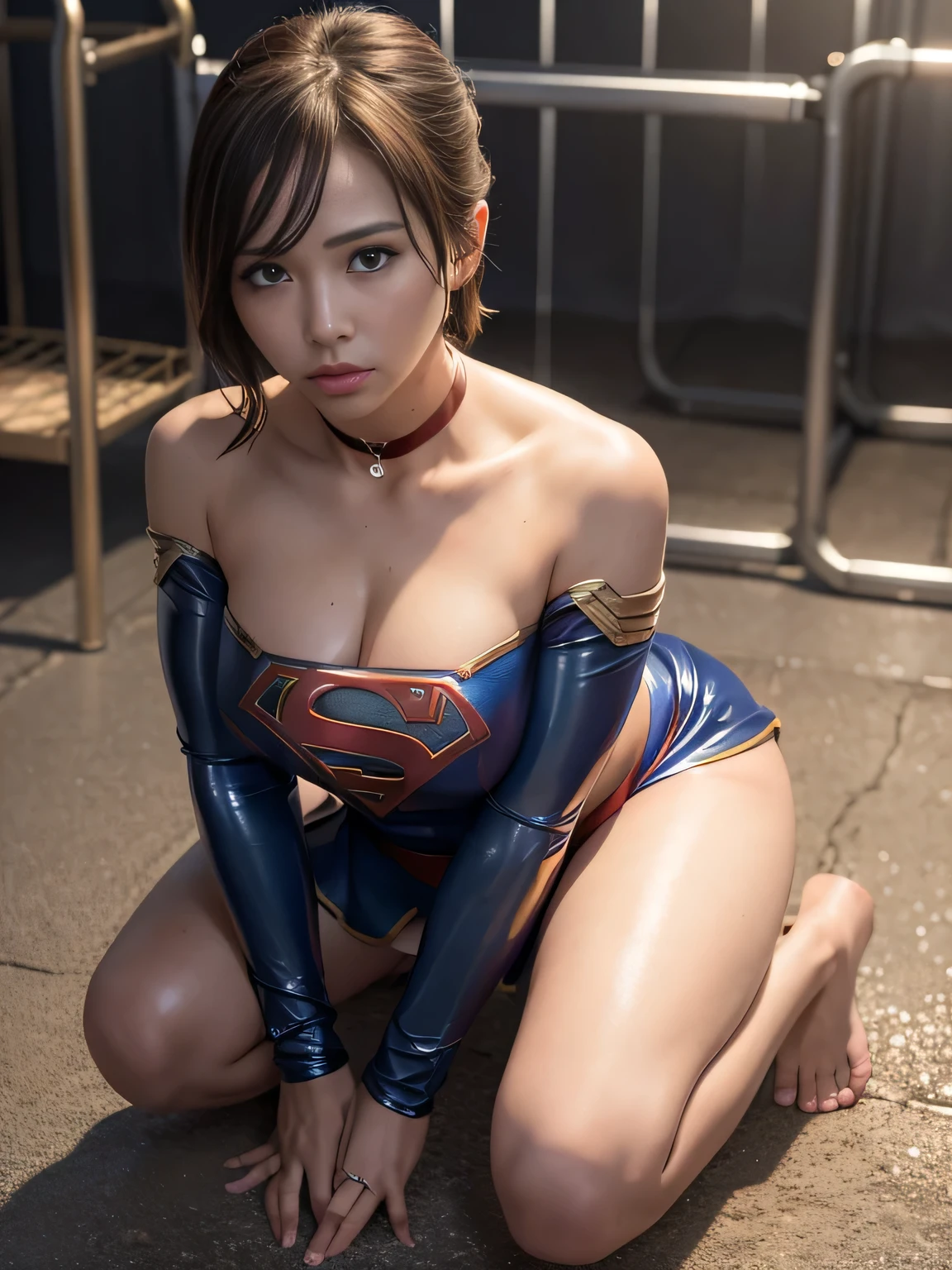 masterpiece、Supergirl Costume、short hair、barefoot、Big and ample breasts、Crisis situation、Complete surrender、Underground Prison、In a cage、Abused、Kneel、Sweaty、Shiny、looking at the camera、Rusted chains、choker、Long sleeve、Sexy poses to seduce、Poor environment、Humiliating、Off the shoulder、latex、