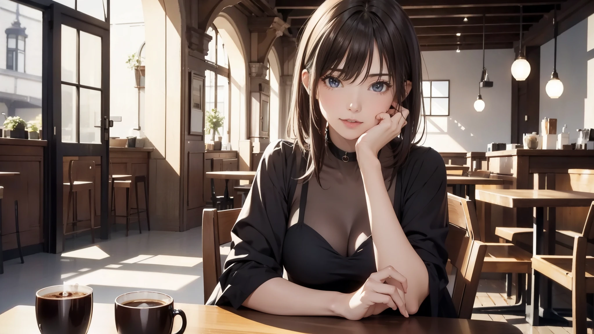 Stylish cafe、masterpiece, highest quality, Cinematic Light, 8k resolution, Sharp focus: 1.2, 25-year-old woman, Sexy Woman,hot coffee on the table、listen to music、whole body、 sleepy、