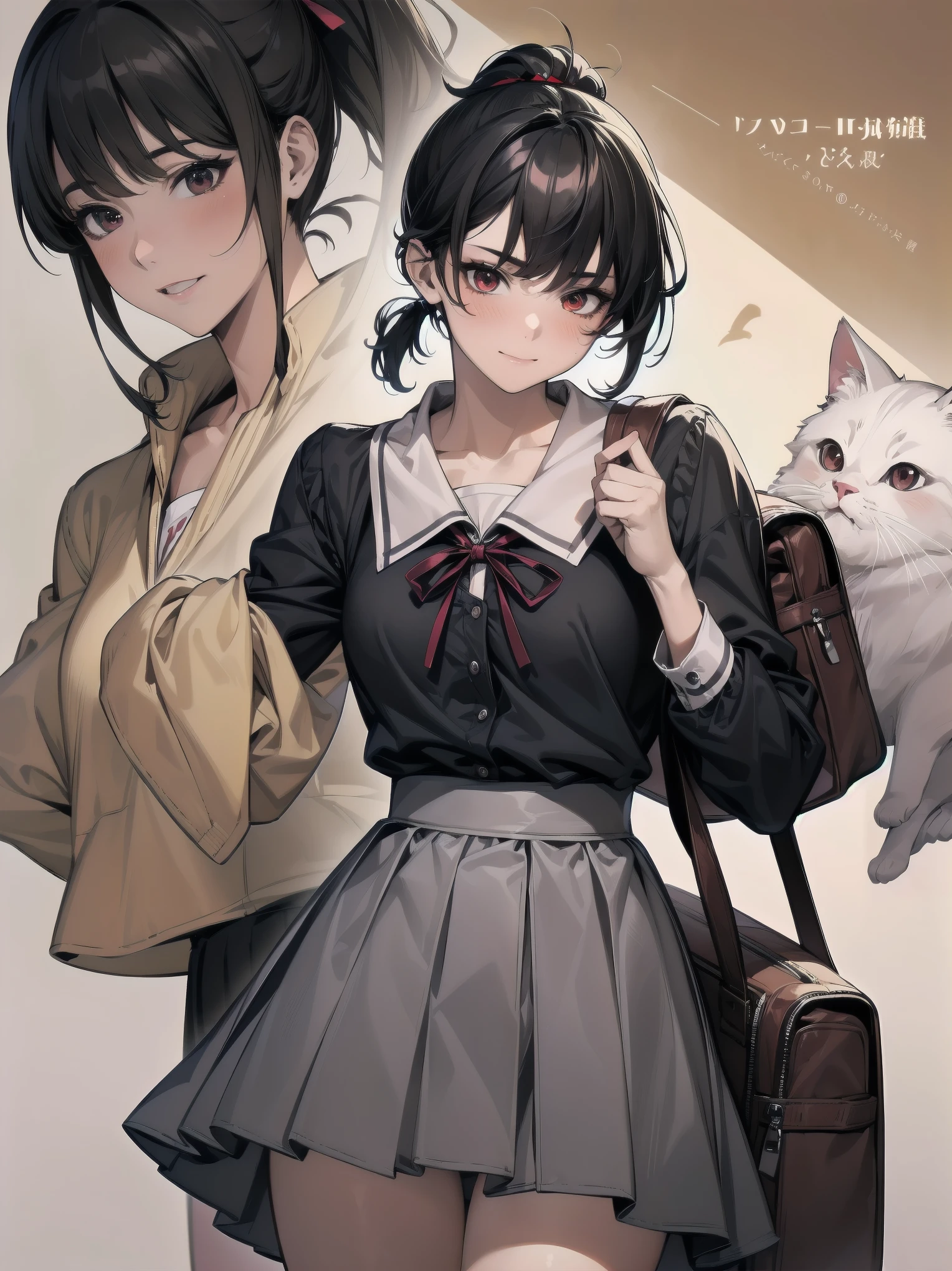 Masterpiece, top quality, ultra-detailed, 16K, one girl, spring, high school students, warm colours, school bags, accurate and highly detailed background, flock of schoolgirls in uniforms of various body shapes and hairstyles, cute. Blake. Red eyes, Black hair, Ribbons, Red ribbons, Hair ribbons, Pastiched bangs, Folded ponytail, Shuchiin Academy, Dress, Sideburns, Breasts, Black dress, Clavicle, Short hair, Long sleeves, Realistic and super detailed pussy jerking off, blushing and excited embarrassing pose.