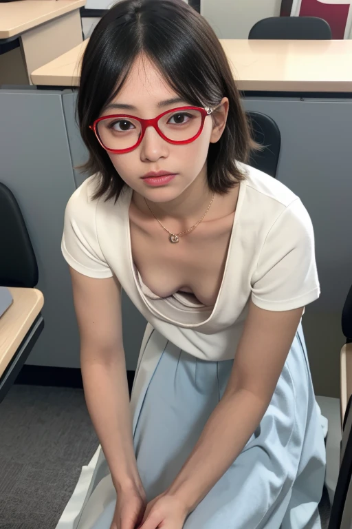 Down blouse, female student , munechira,(((Small breasts))),Flat Chest ,avert your eyes, Bend your body , From above , Long skirt, close, necklace ,In the classroom, Detailed Bra Overlap T-Shirt, short hair,8k, highest quality, masterpiece, Ultra-high resolution, (realism: 1.4), Original photo, (Real skin texture: 1.3)、Red frame glasses