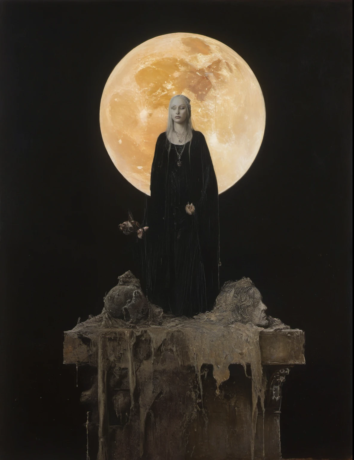 James Gurney, Surrealist art , dream-like, Mysterious, Provocative, symbolic, Complex, detailed,, (Gothic but very beautiful:1.4), (masterpiece, highest quality:1.4) , Nicola Samori Style, goddess of the moon