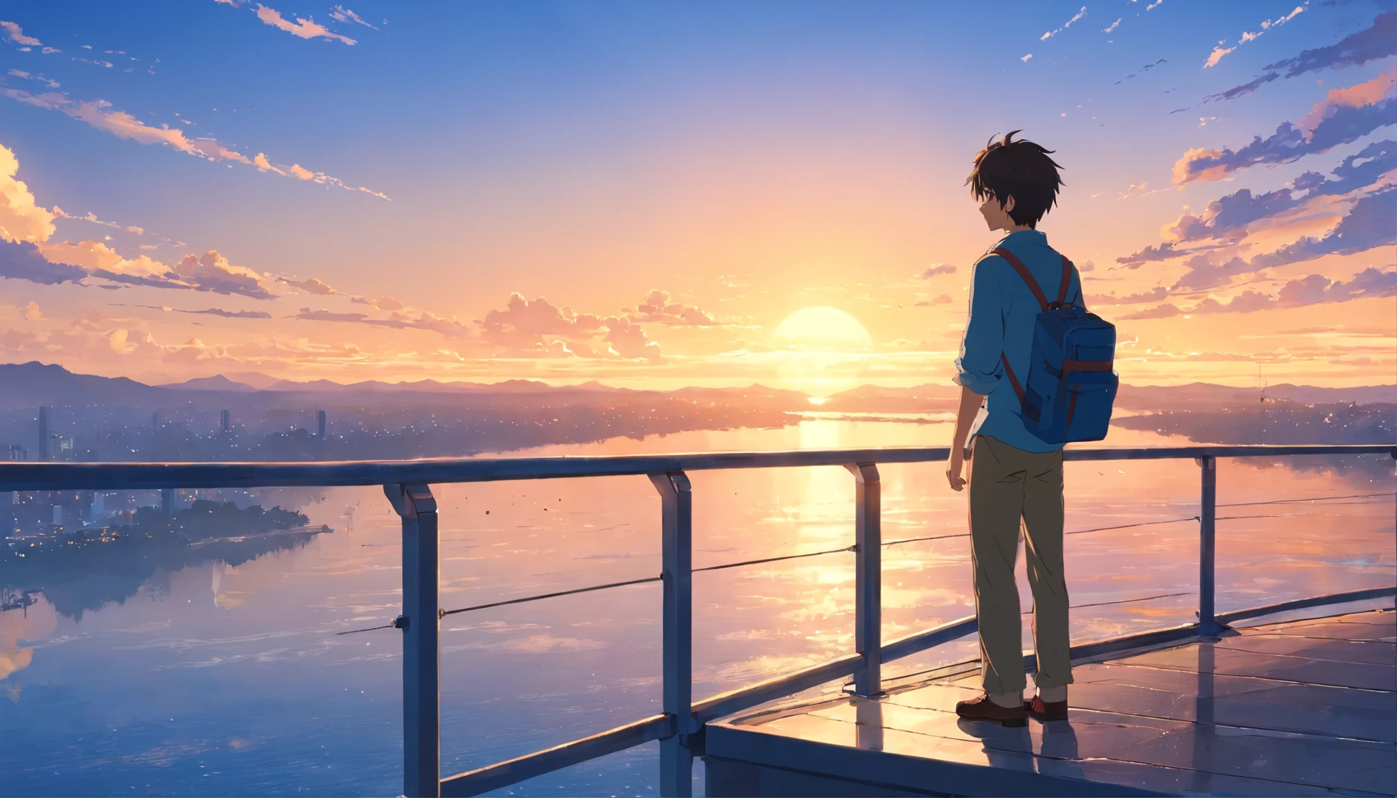 A 50-year-old man standing on a railing overlooking a body of water, As the sun sets, With the sunset, sundown, Watching the beautiful sunset, Early in the morning, looking sundownに, Sunset View, Photo taken on 2 0 2 0, sundownに, Night setting, sunrise, As the sun sinks below the horizon, Beautiful views, With a backpack