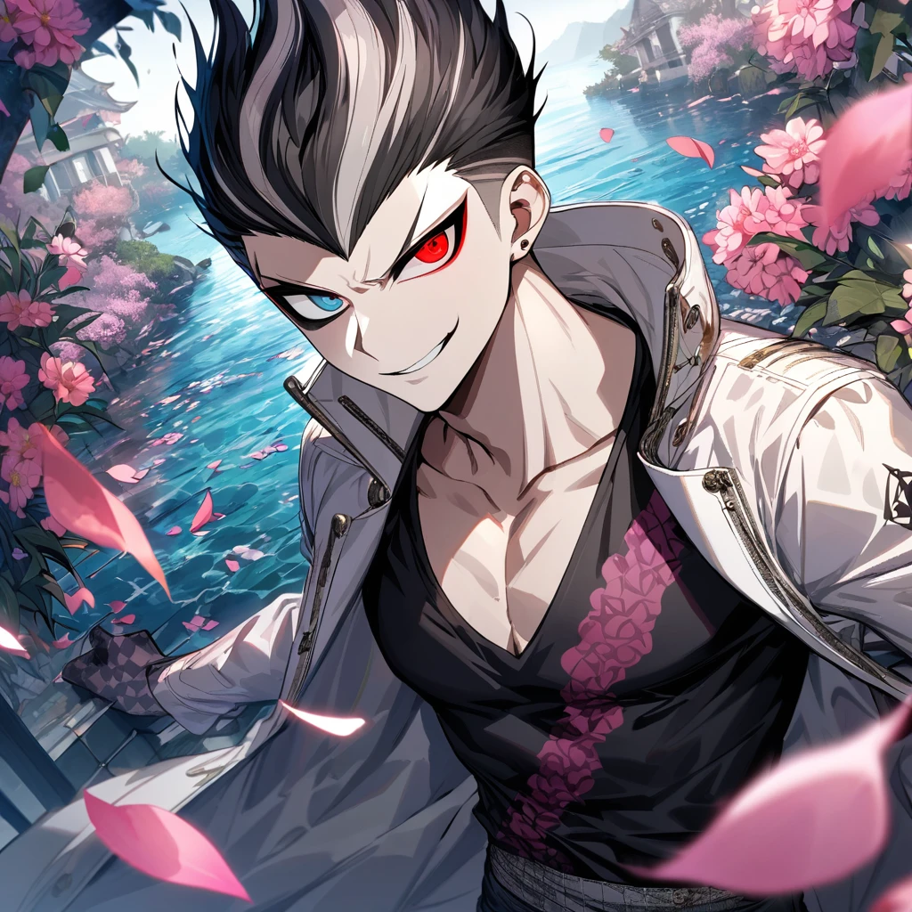 Ultra detailed, Highres, absurdres, HDR, Tanaka Gundham, black hair, heterochromia, expressive right red eye, expressive gray left eye, white long coat with patterns, Danganronpa, pink flowers, petals, handsome, sexy man, solo, very detailed eyes and face, water, pink butterflies, black tight t-shirt, master piece, toned chest, smirking