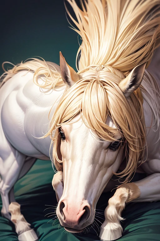 equine, horse, quadruped animal, white, with horn, blonde hair