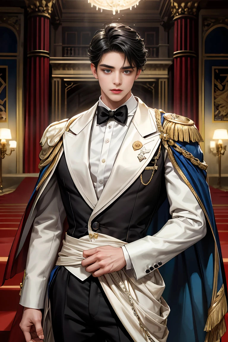 masterpiece, 最high quality, high quality, 1 boy, alone, Male focus, Watching the audience, Messy black hair, Adorable big blue eyes, White, Noble, Noble, Tuxedo、A very voluminous, large, very large, very large, long, long red and black cape with a high stand-up collar, reaching down to the floor, made of a lot of fabric., ,Cute beautiful boys,Cute, cute, kind, shy handsome man