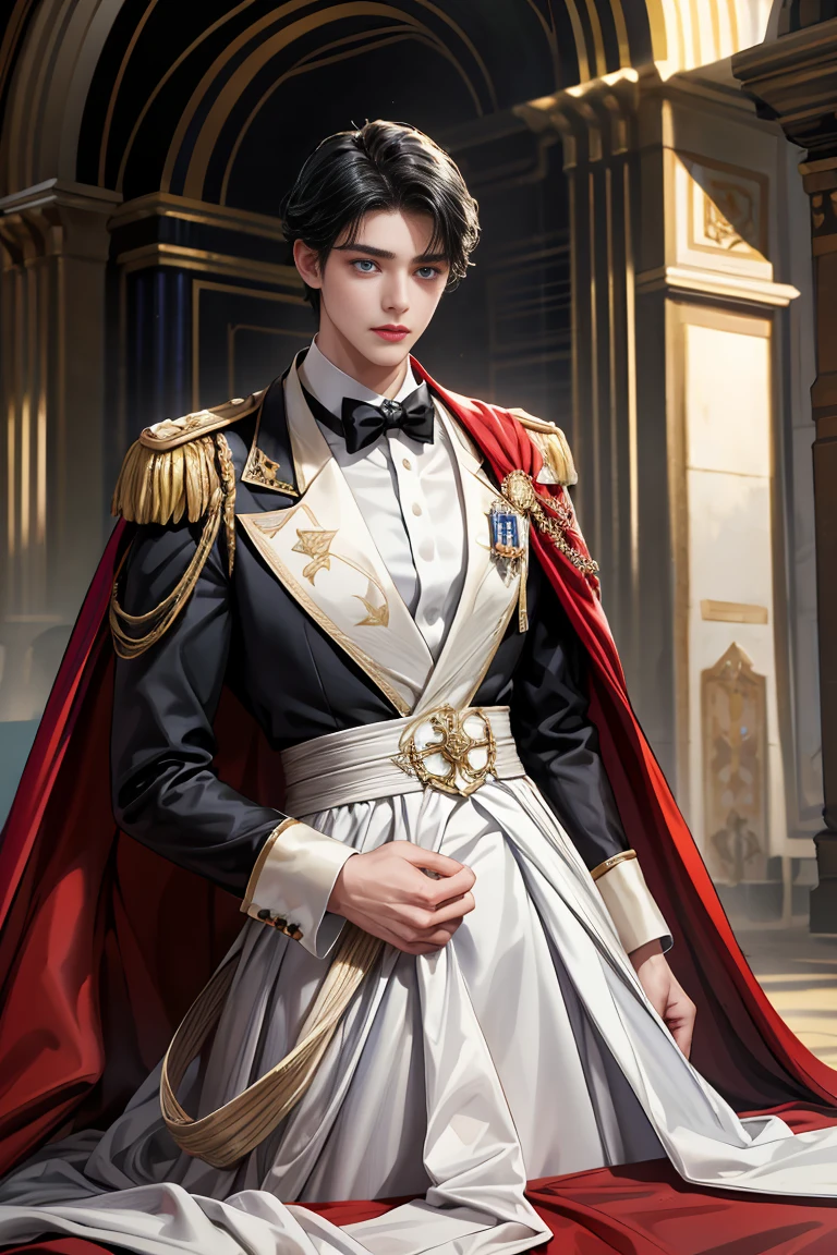 masterpiece, 最high quality, high quality, 1 boy, alone, Male focus, Watching the audience, Messy black hair, Adorable big blue eyes, White, Noble, Noble, Tuxedo、A very voluminous, large, very large, very large, long, long red and black cape with a high stand-up collar, reaching down to the floor, made of a lot of fabric., 17 years old,Cute beautiful boys,Cute, cute, kind, shy handsome man