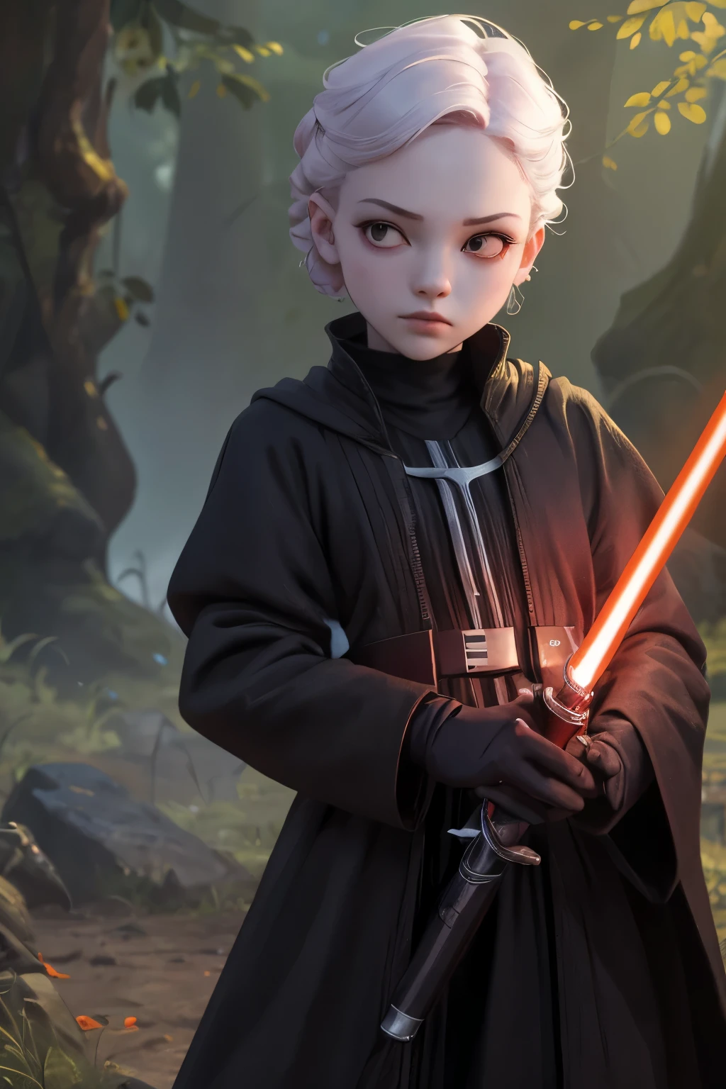 , 8k, ultra detailed, soft lighting, pmmkr2024, cartoon, best quality, trending on artstation,nice art,perfect art,nice detailed art,nice detailed body,nice detailed face,best quality, 8k, best quality, ultra-detailed,fantasy art , 8K, HD, 13 years old girl,darth,sith,evil,gloomy,red eyes,1lightsaber red,creepycute,pale skin,slender,kid