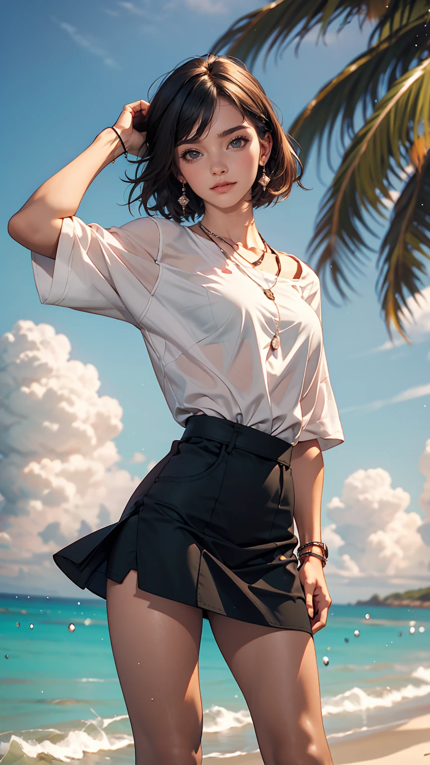 1 girl,alone,blue sky, Ocean, Short skirt, (Highly detailed background:1.0), (Highly detailed background:1.0),