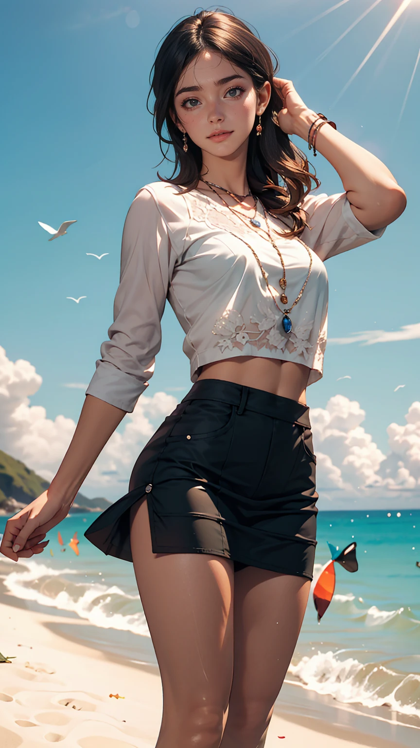 1 girl,alone,blue sky, Ocean, Short skirt, (Highly detailed background:1.0), (Highly detailed background:1.0),
