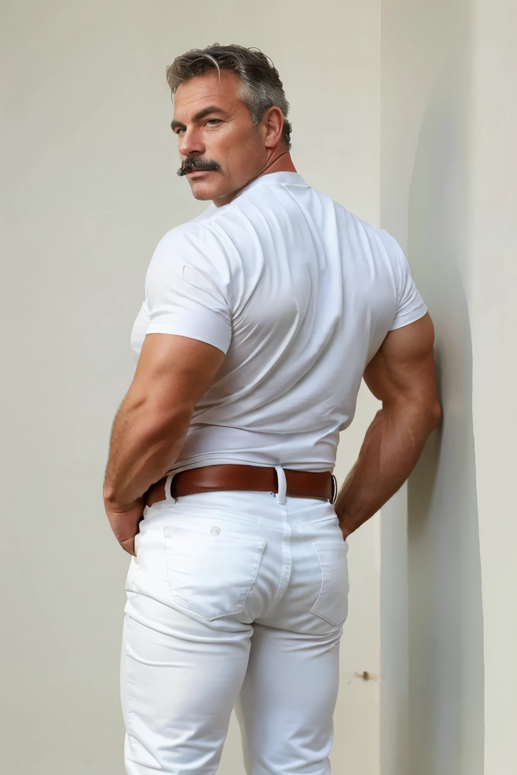 age 60, white man police detective with a mature, full body backside, kind demeanor, strong and muscular yet chubby build, mustache, wearing dress pants , giving off a hint of a horny yet disgusting aura. White Jeans 
