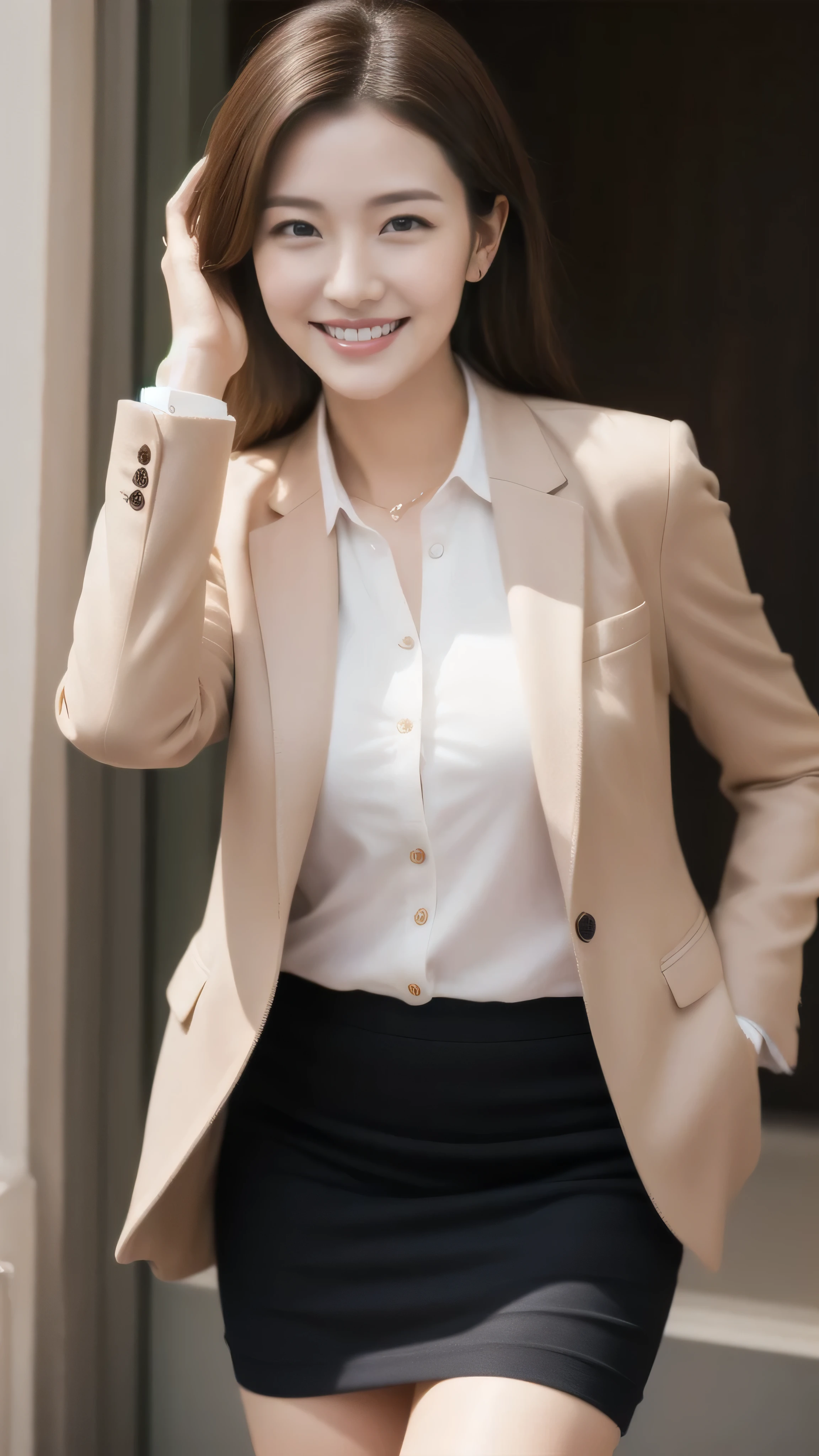Married Woman's Face、30 years old、Middle-aged women、Business jacket、skirt、Beautiful legs、High quality、Ultra-realistic、A cheerful smile、A wife's perfect figure、Japanese Wife、 Perfect Eyes、Radiant Skin、Rural field work