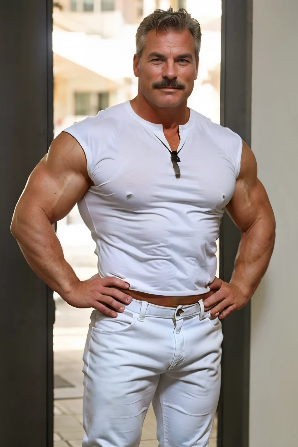 age 60, white man police detective with a mature, full body backside, kind demeanor, strong and muscular yet chubby build, mustache, wearing dress pants , giving off a hint of a horny yet disgusting aura. White Jeans