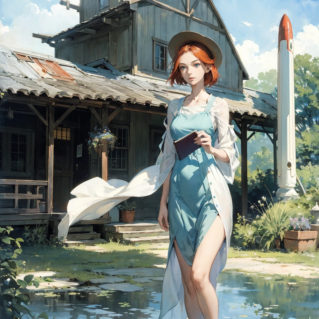 beautiful slender skinny girl (with a perfect, very beautiful face of the southern type) with red hair in a 19th century dress in a hat with a book standing barefoot (near fantastic futuristic ((spaceship))), summer, A warm sunny day, (on another planet), in a gentle watercolor style, Discreet shades, sfumato, haze, diffused dim light, (delicate mint and blue shades), imitation of film photography, olive and grape shades, Brick Road, Brick house, coffee, High image quality, Maximum detail, big space eyes