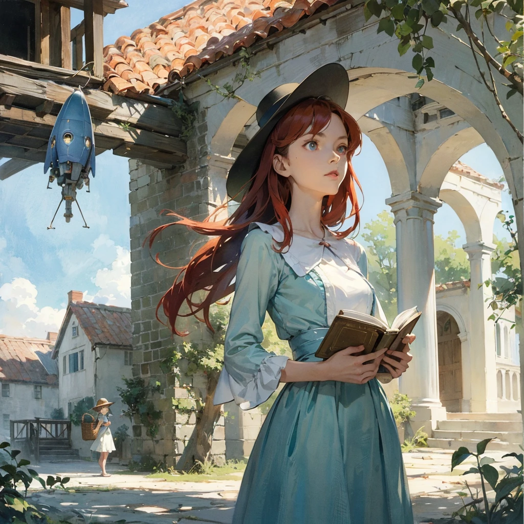 beautiful slender skinny girl (with a perfect, very beautiful face of the southern type) with red hair in a 19th century dress in a hat with a book standing barefoot (near fantastic futuristic ((spaceship))), summer, A warm sunny day, (on another planet), in a gentle watercolor style, Discreet shades, sfumato, haze, diffused dim light, (delicate mint and blue shades), imitation of film photography, olive and grape shades, Brick Road, Brick house, coffee, High image quality, Maximum detail, big space eyes