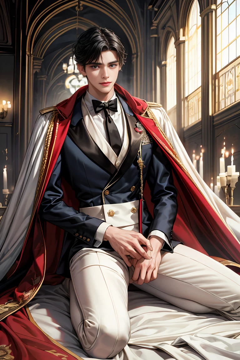 
masterpiece, 最high quality, high quality, 1 boy, alone, Male focus, Watching the audience,  Messy black hair, Adorable big blue eyes, White, Noble, Noble, Tuxedo、A very voluminous, large, very large, very large, long, long red and black cape with a high stand-up collar, reaching down to the floor, made of a lot of fabric., 17 years old,Cute beautiful boys,Cute, cute, gentle smiling handsome man